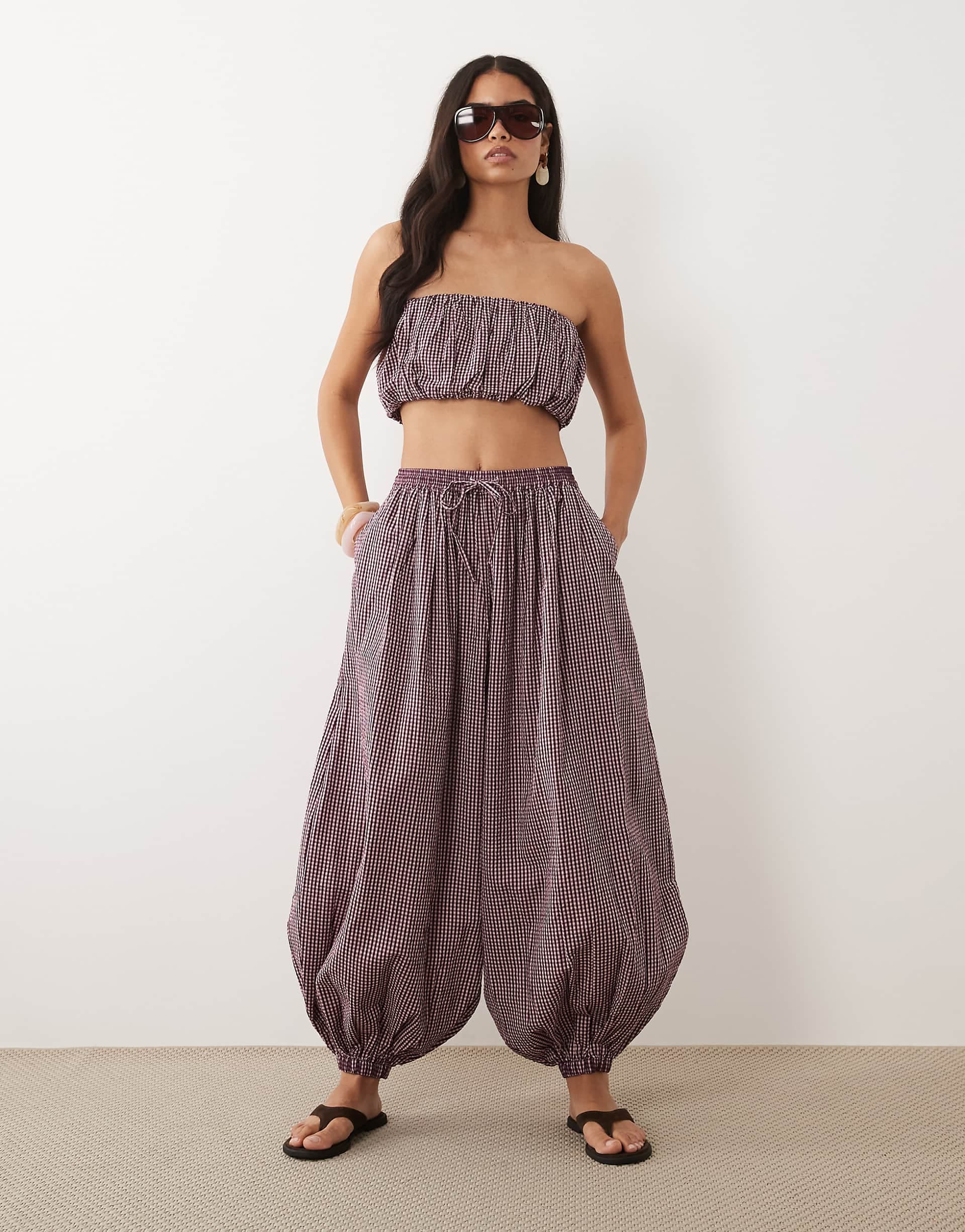 ASOS DESIGN balloon pants in pink gingham - part of a set