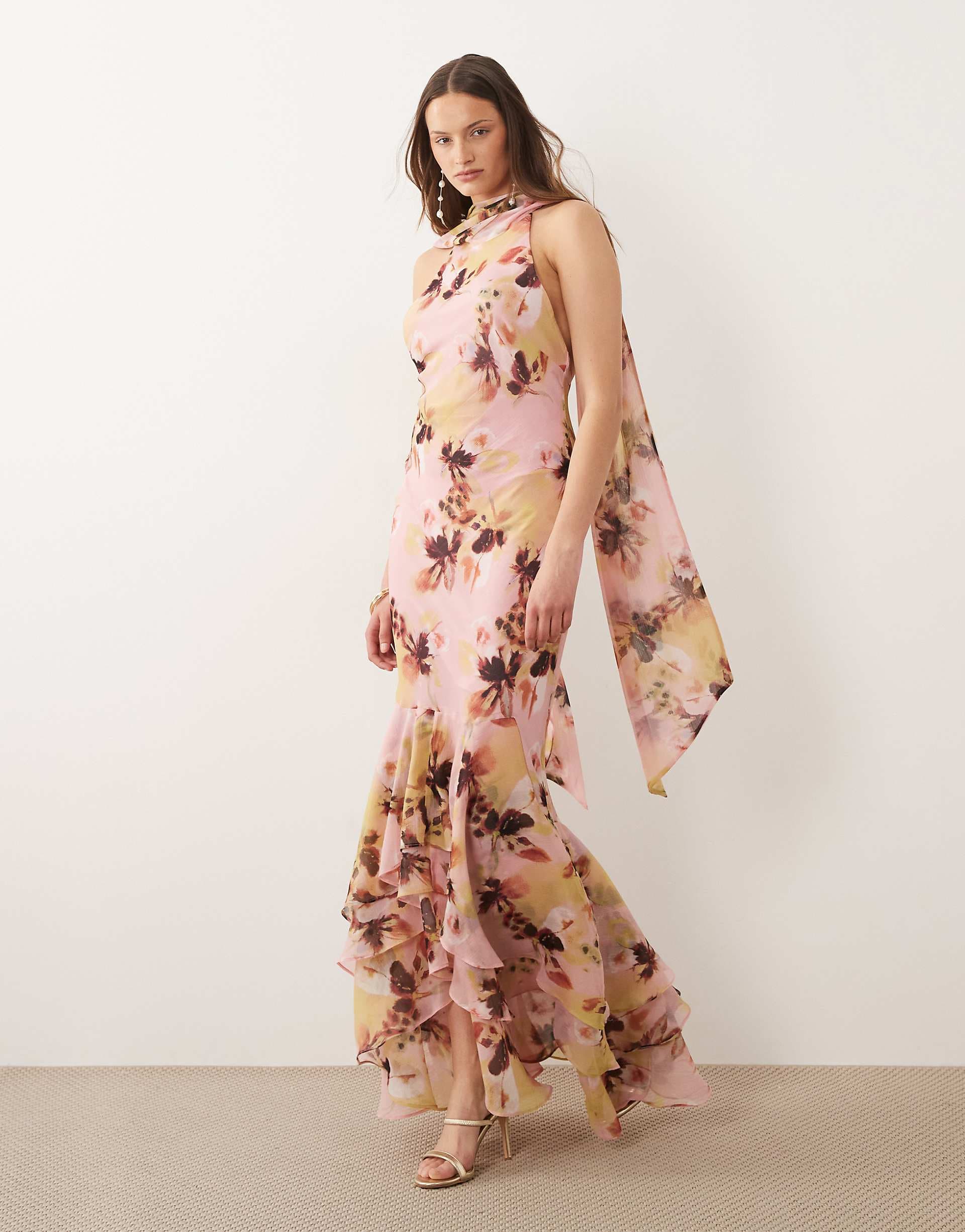 ASOS DESIGN Tall halter maxi dress with scarf detail and ruffle hem in floral print
