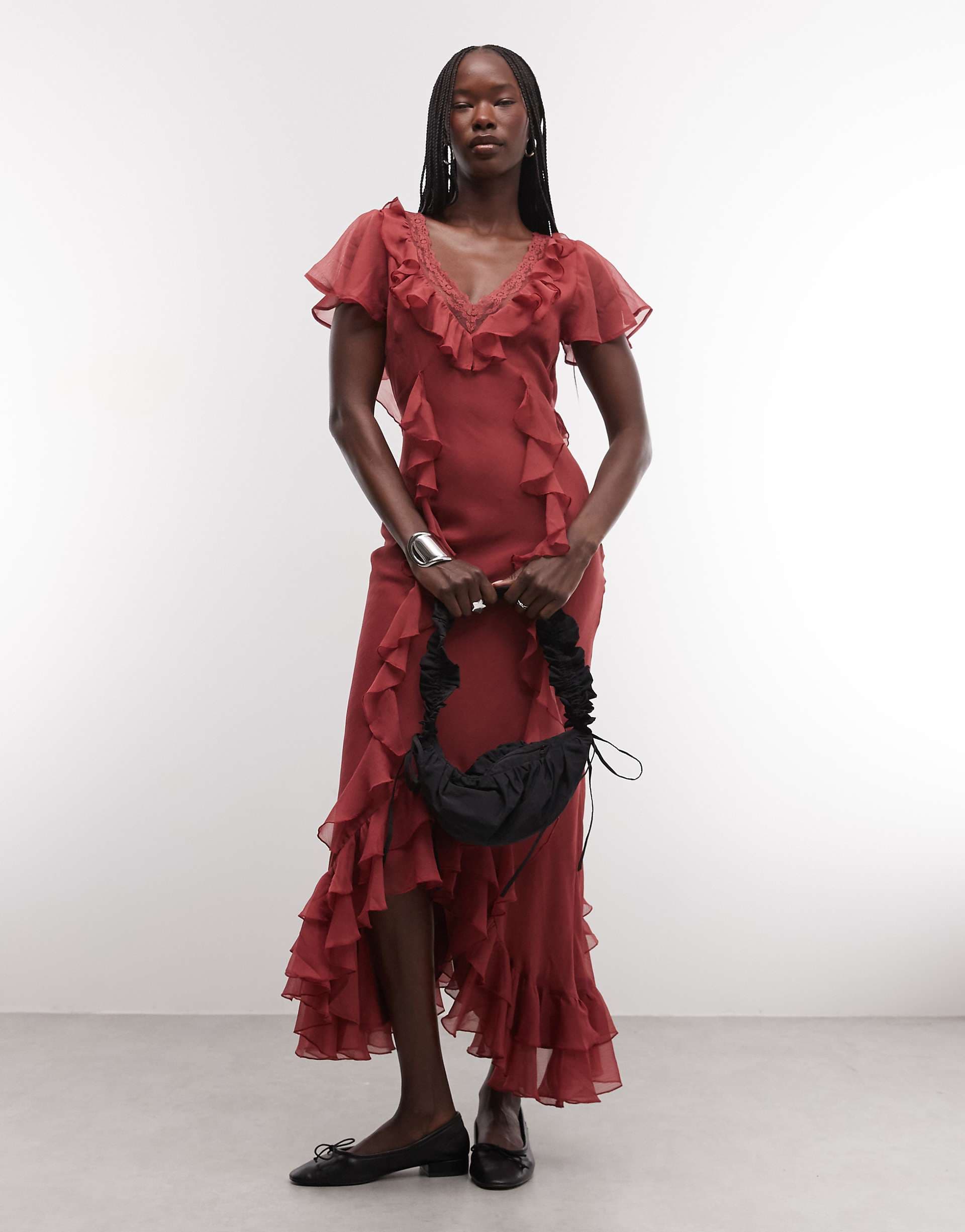 Reclaimed Vintage maxi tea dress with ruffles and lace in rust