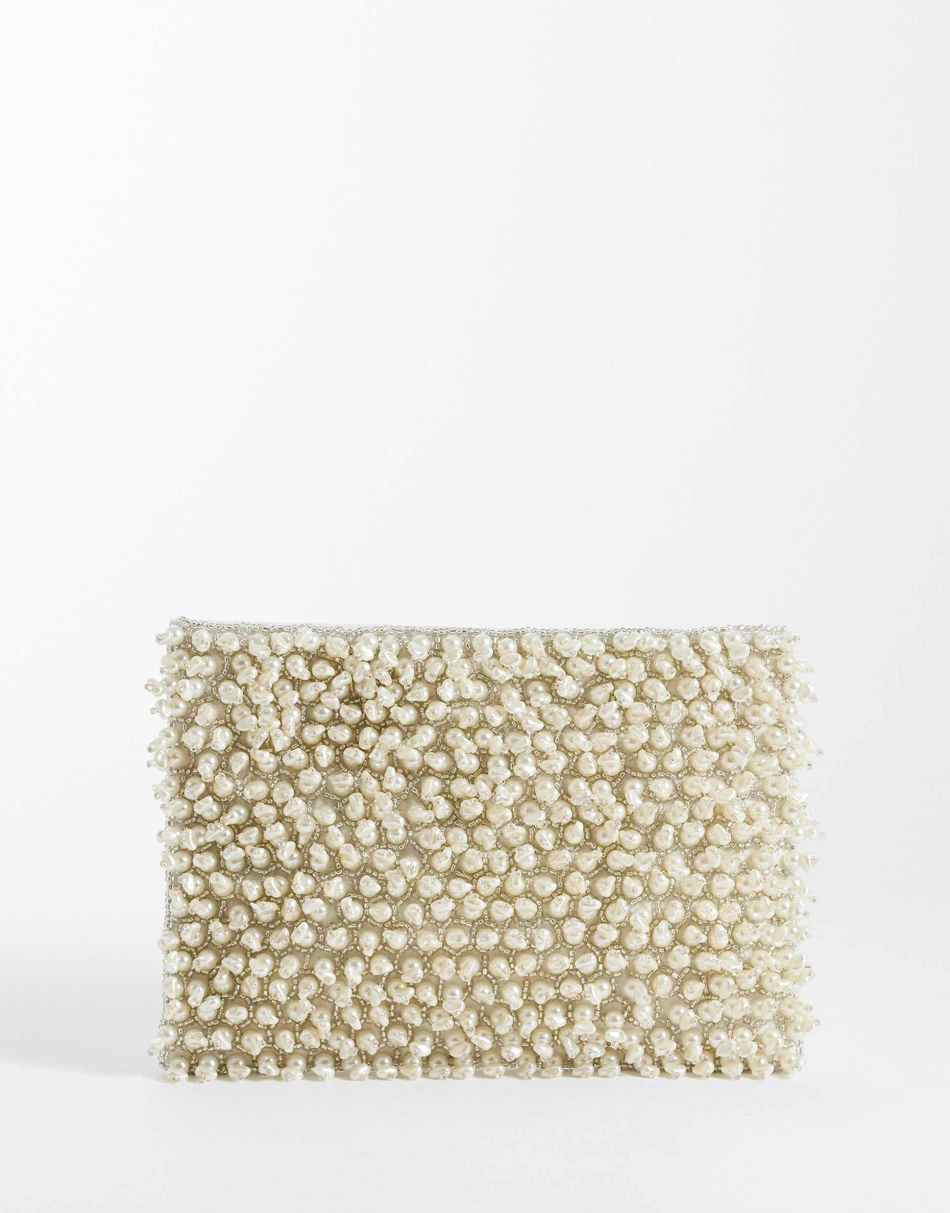 ASOS DESIGN zip top pearl clutch bag in cream