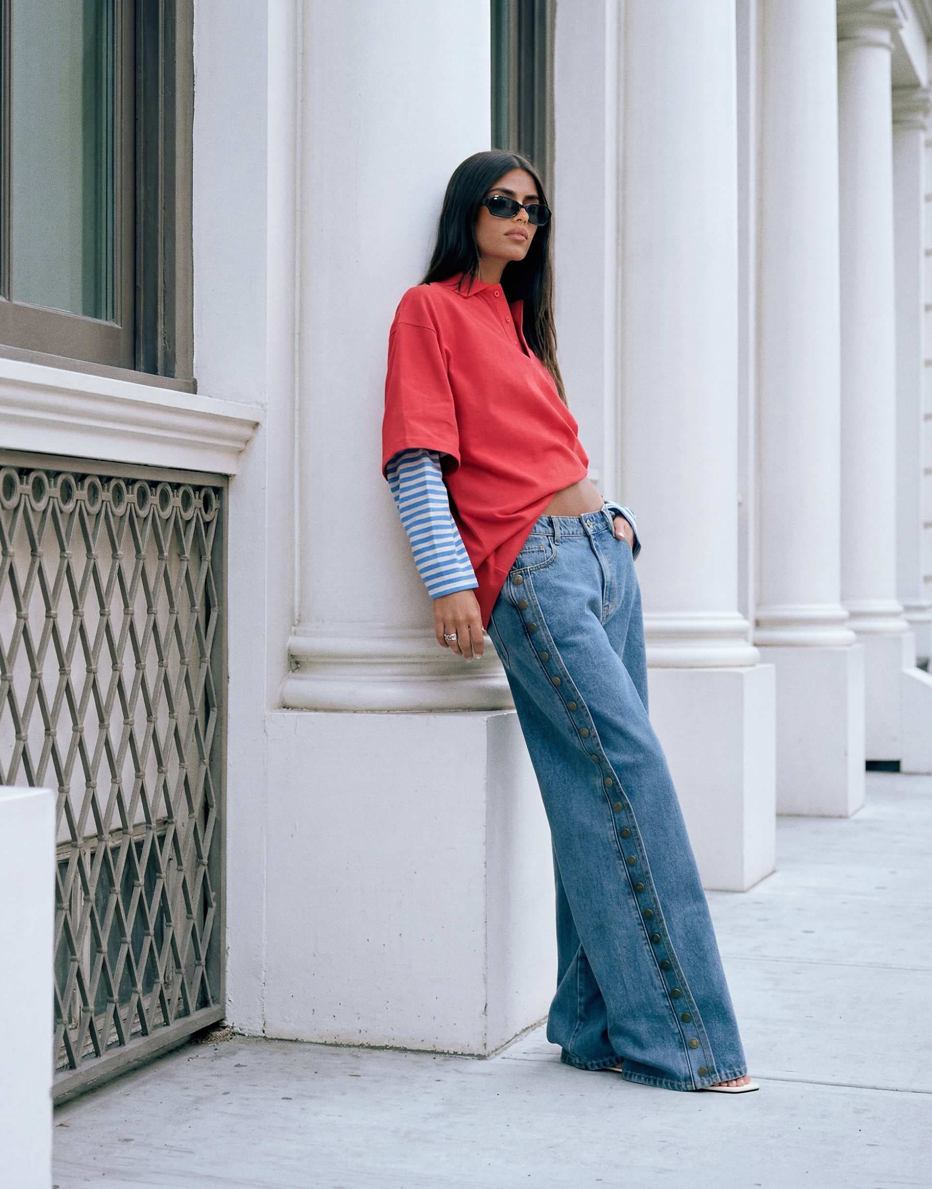 Lioness exclusive Sloane side button detail relaxed leg jeans in denim blue wash