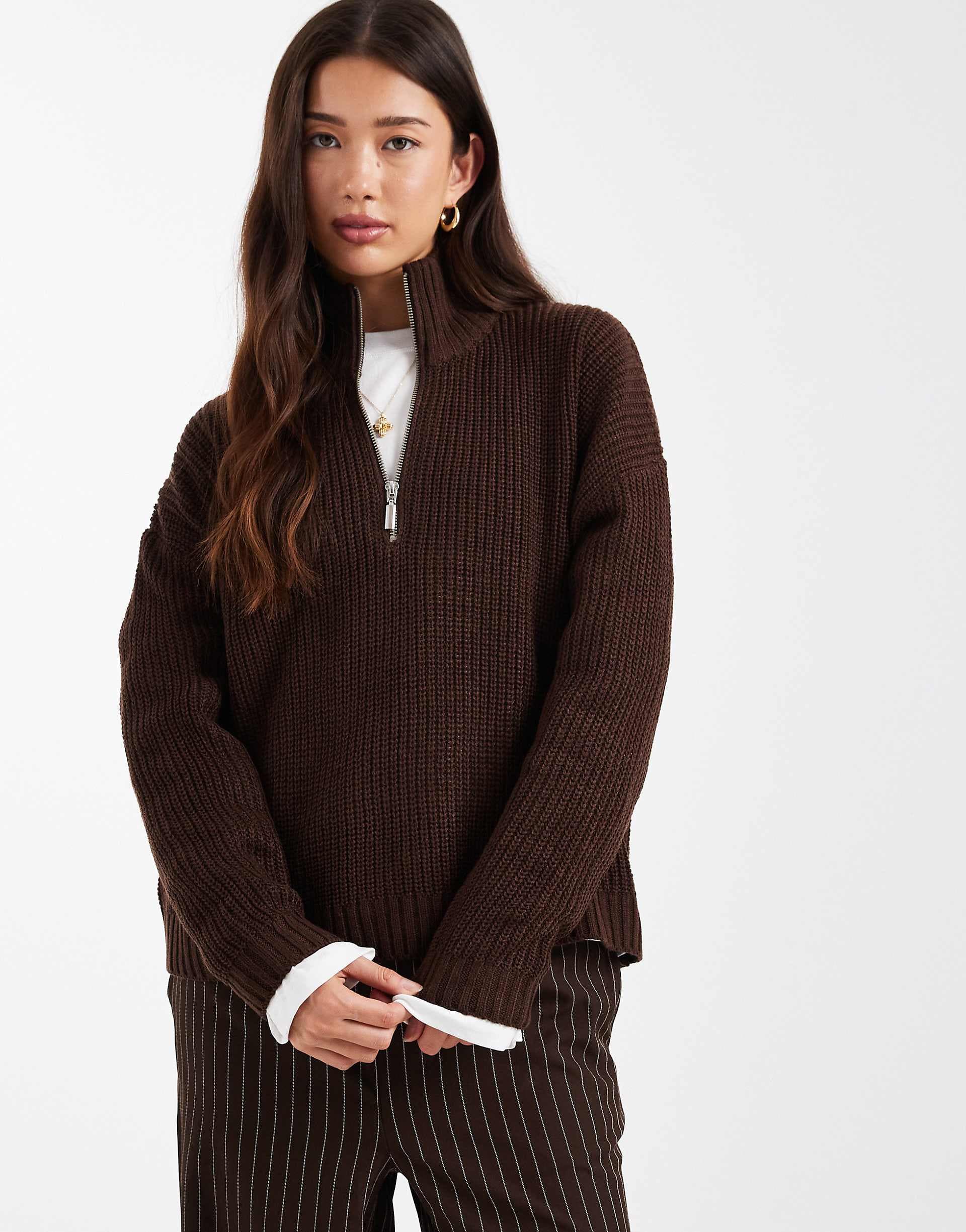 Brave Soul chunky knit quarter zip sweater in brown