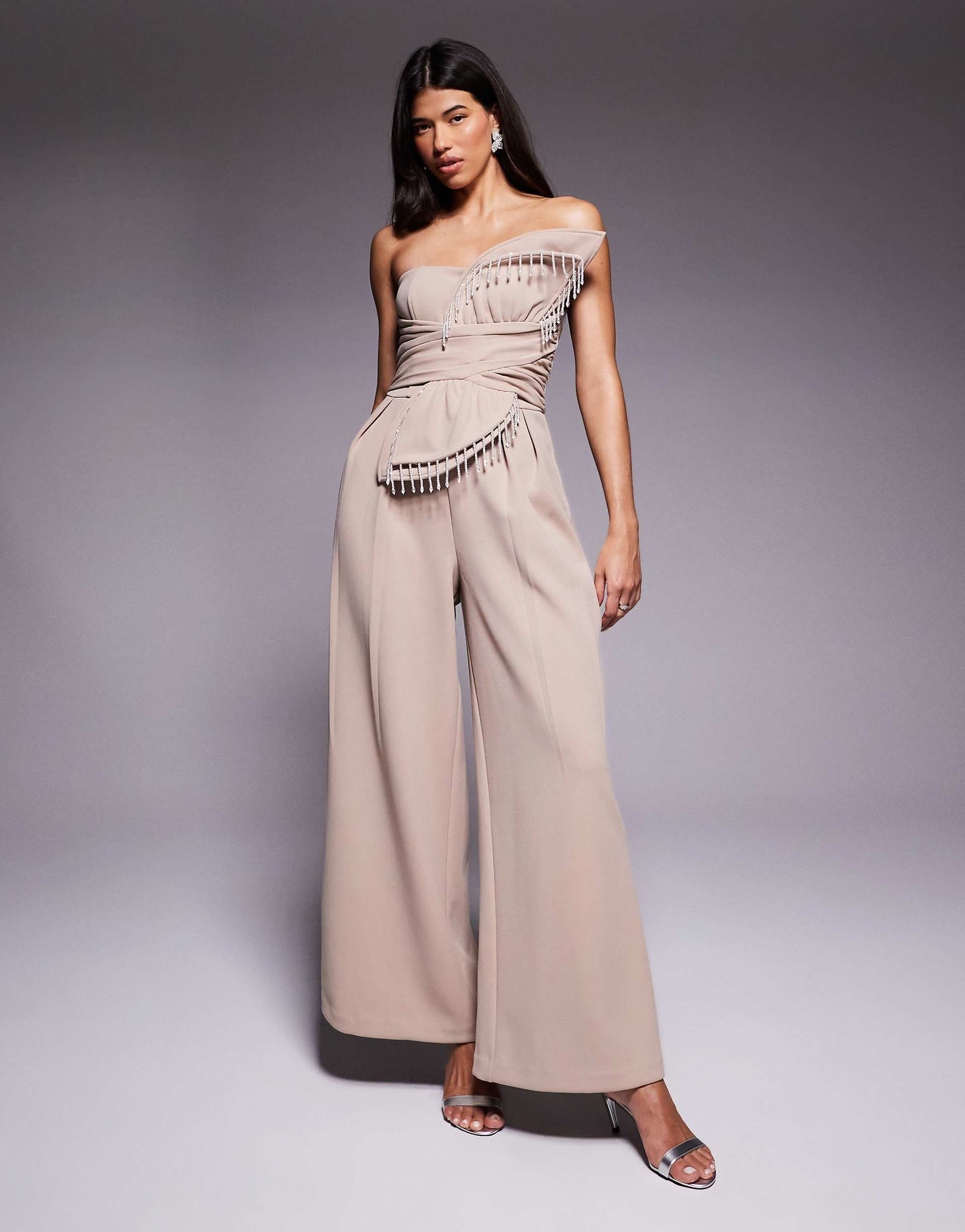 ASOS LUXE 3D petal jumpsuit with drop bead detail in stone