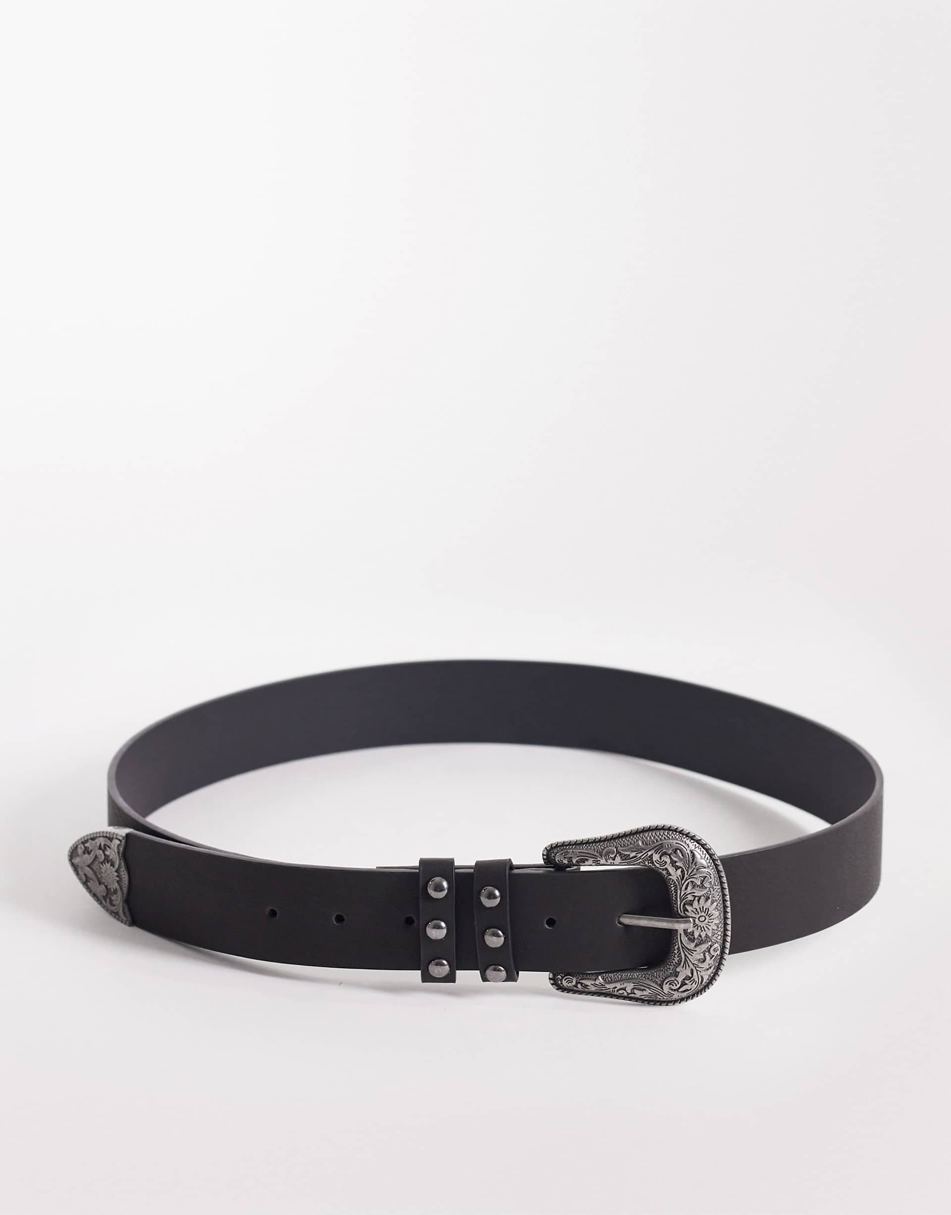 ASOS DESIGN western studded faux leather belt with silver buckle in black
