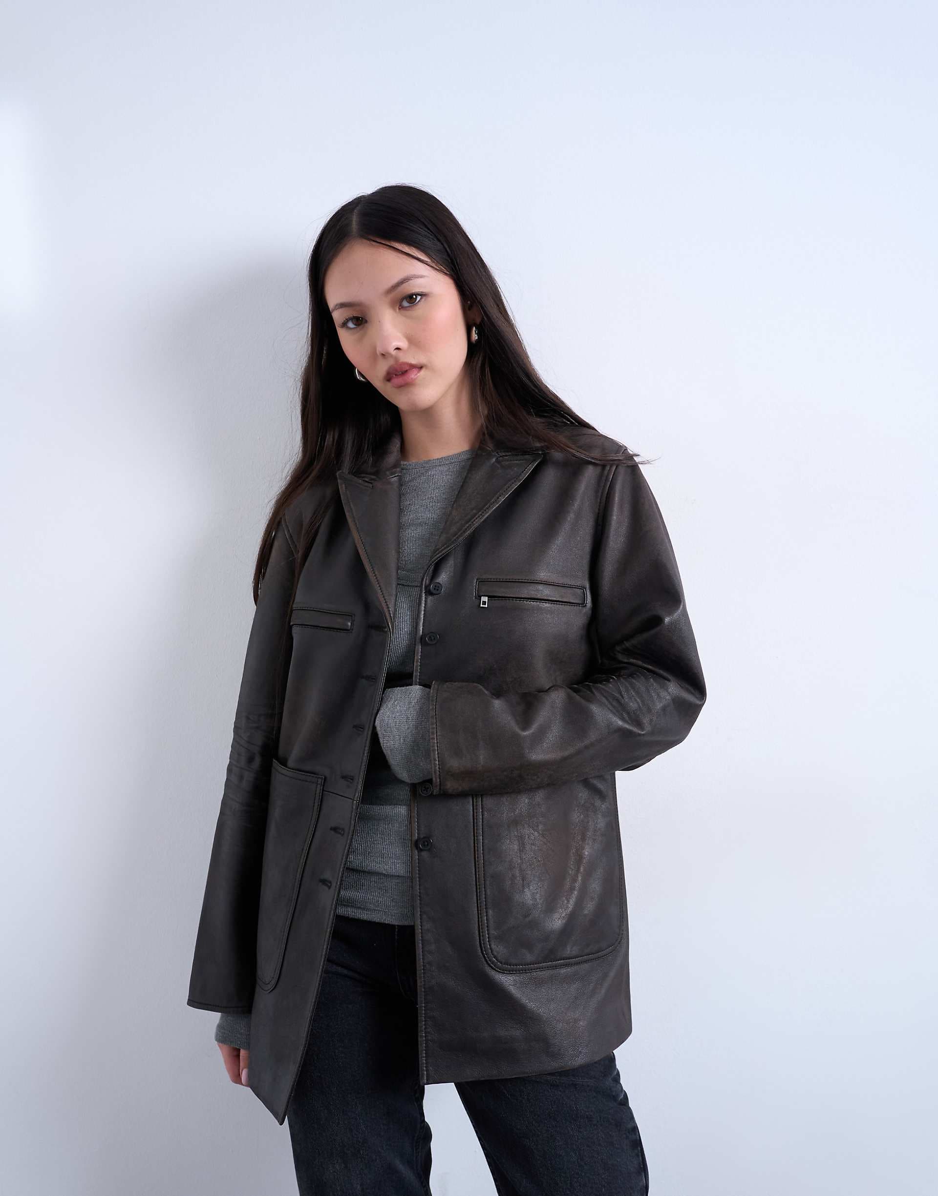 Topshop premium real leather blazer with patch pockets in washed black