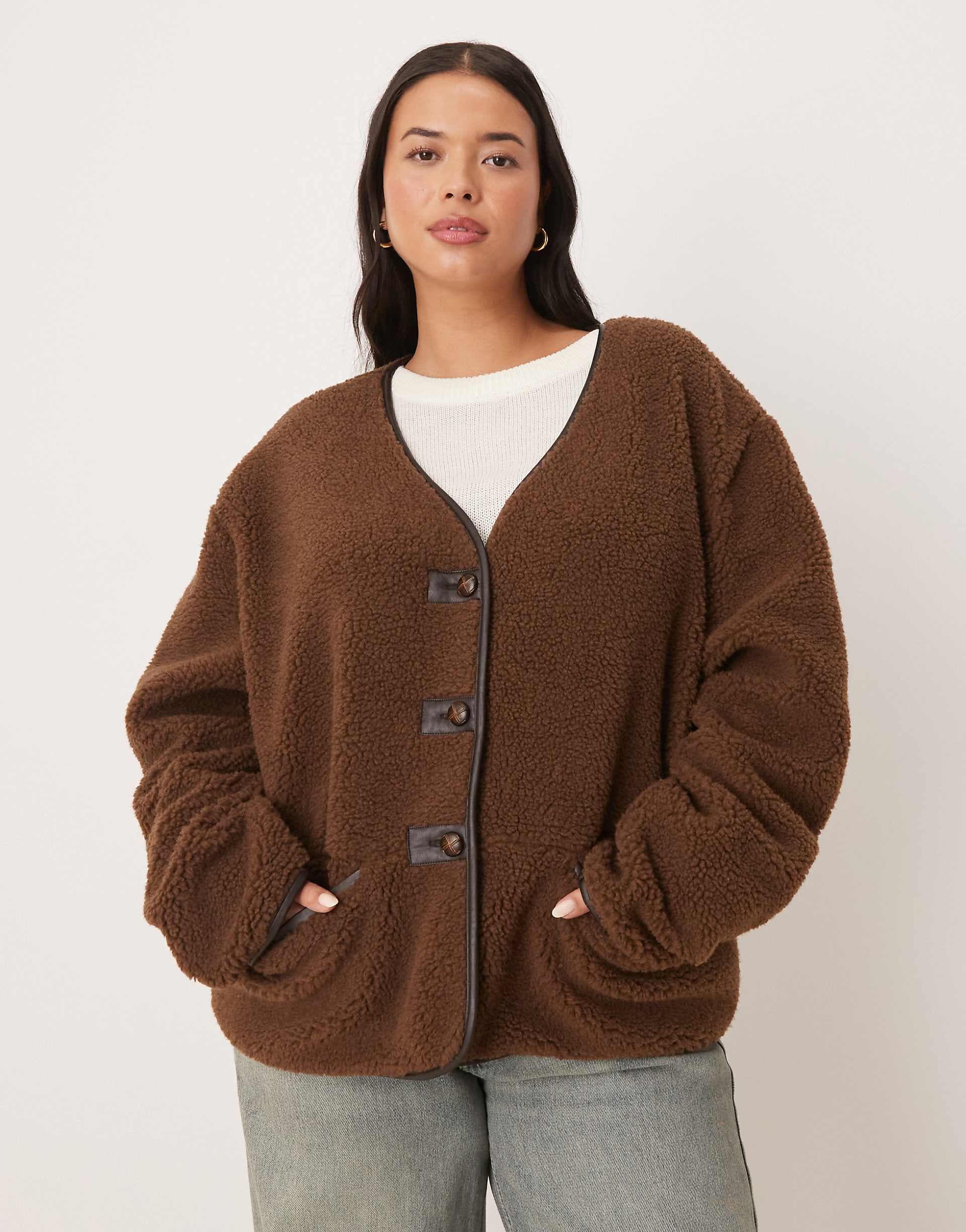 ASOS DESIGN Curve oversized borg fleece cardigan with pu trim in chocolate