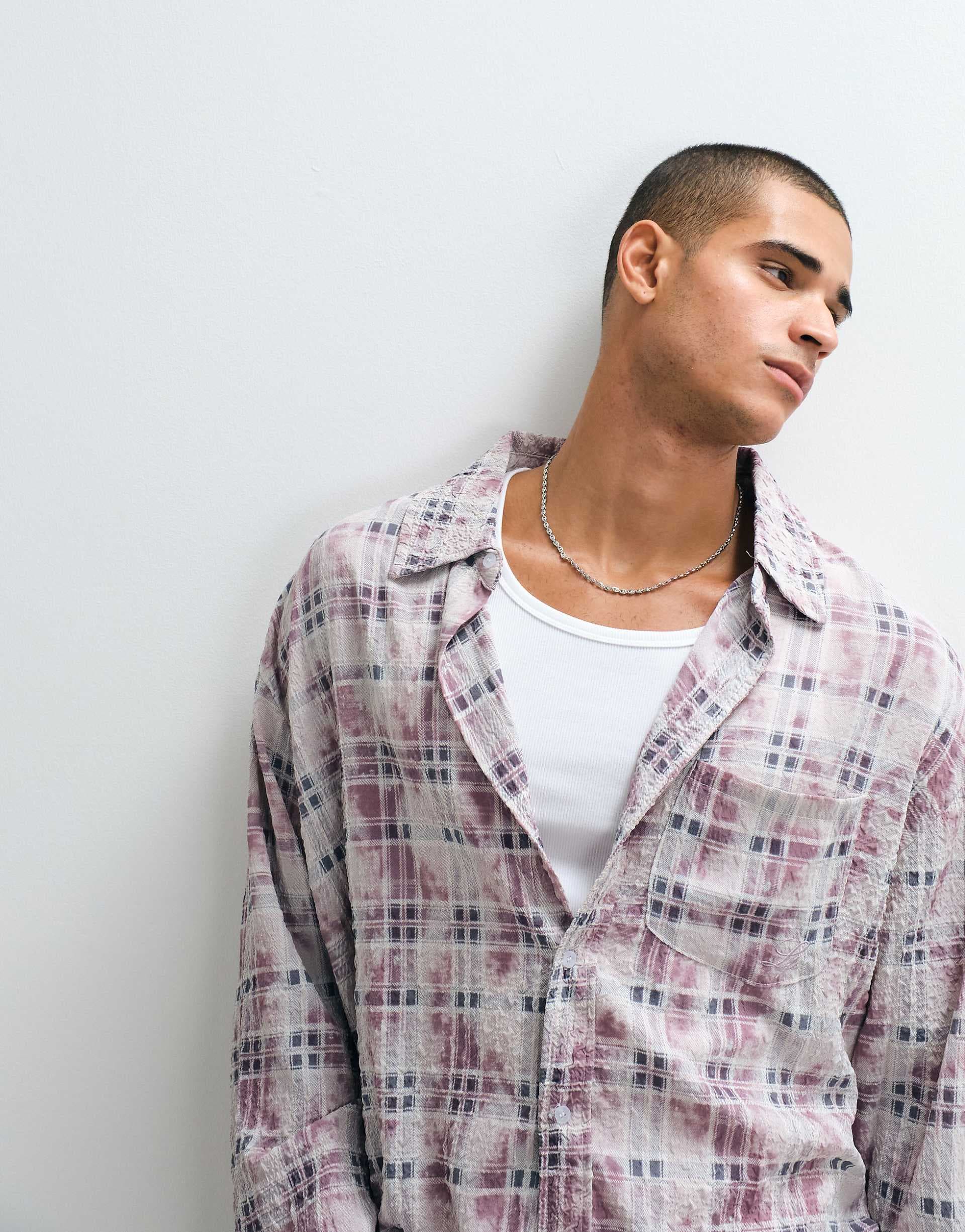 Liquor N Poker long sleeve button up shirt in pink plaid