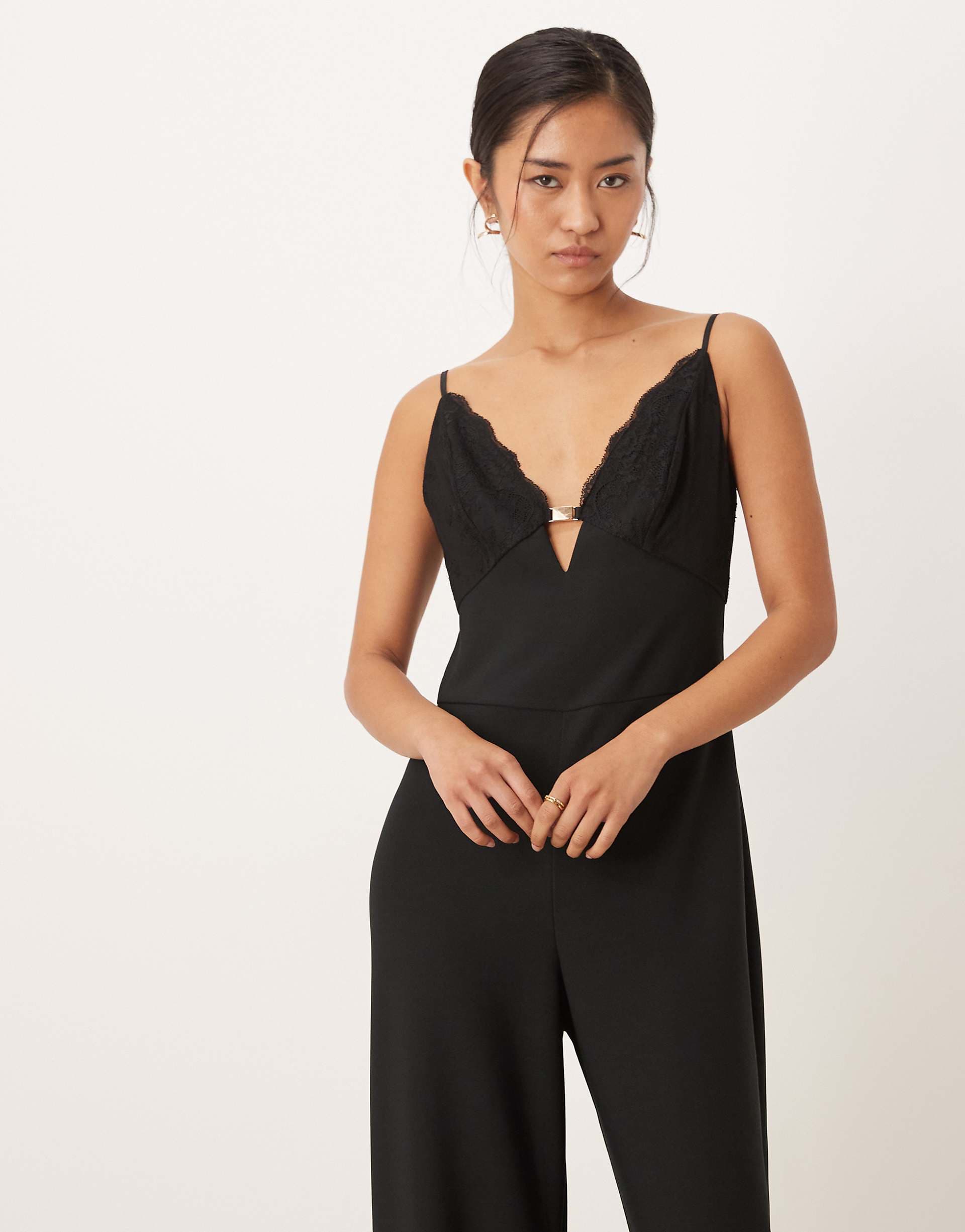 Abercrombie & Fitch plunge jumpsuit with lace detail in black