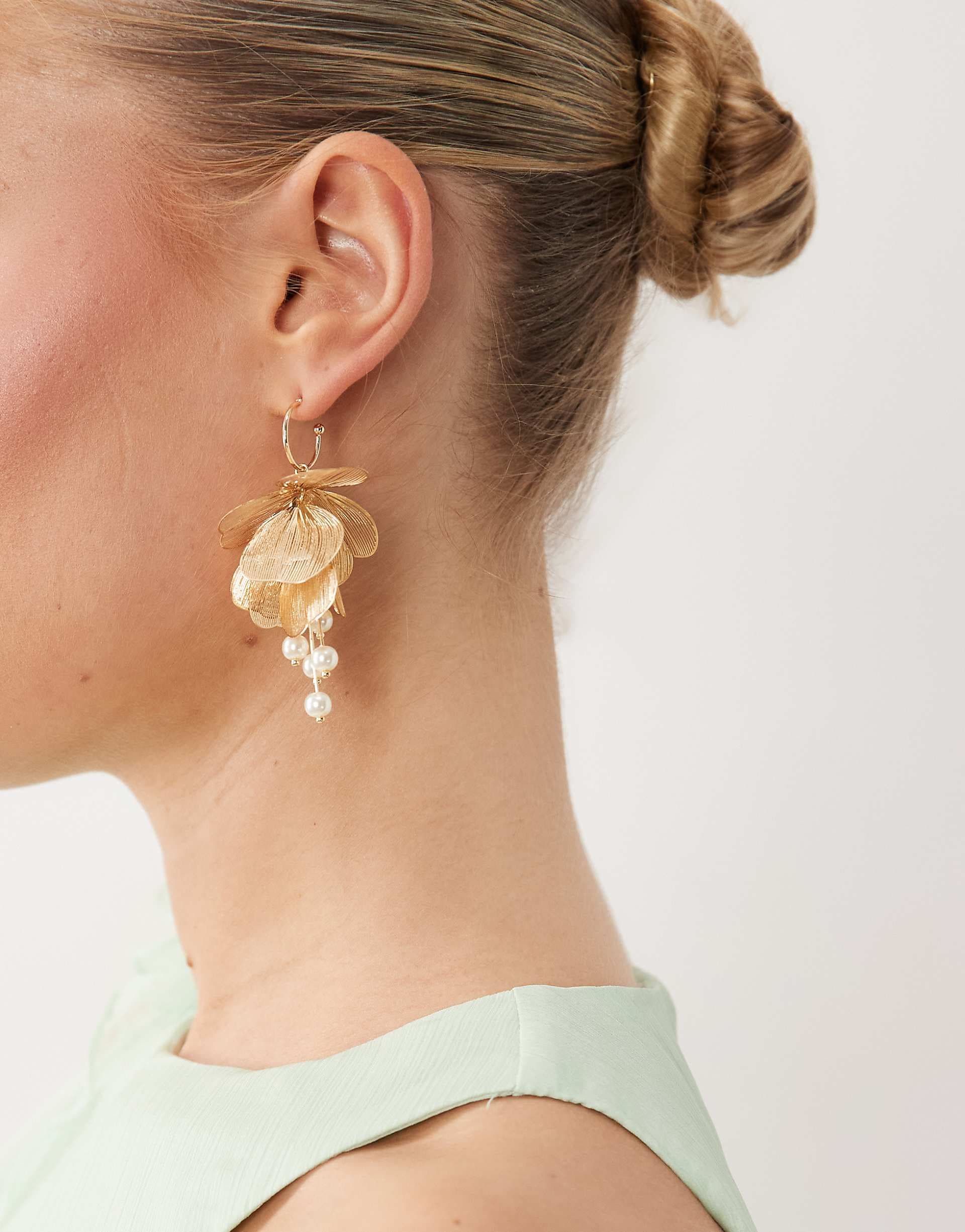 ASOS DESIGN hoop earrings with wire floral and faux pearl drops in gold tone