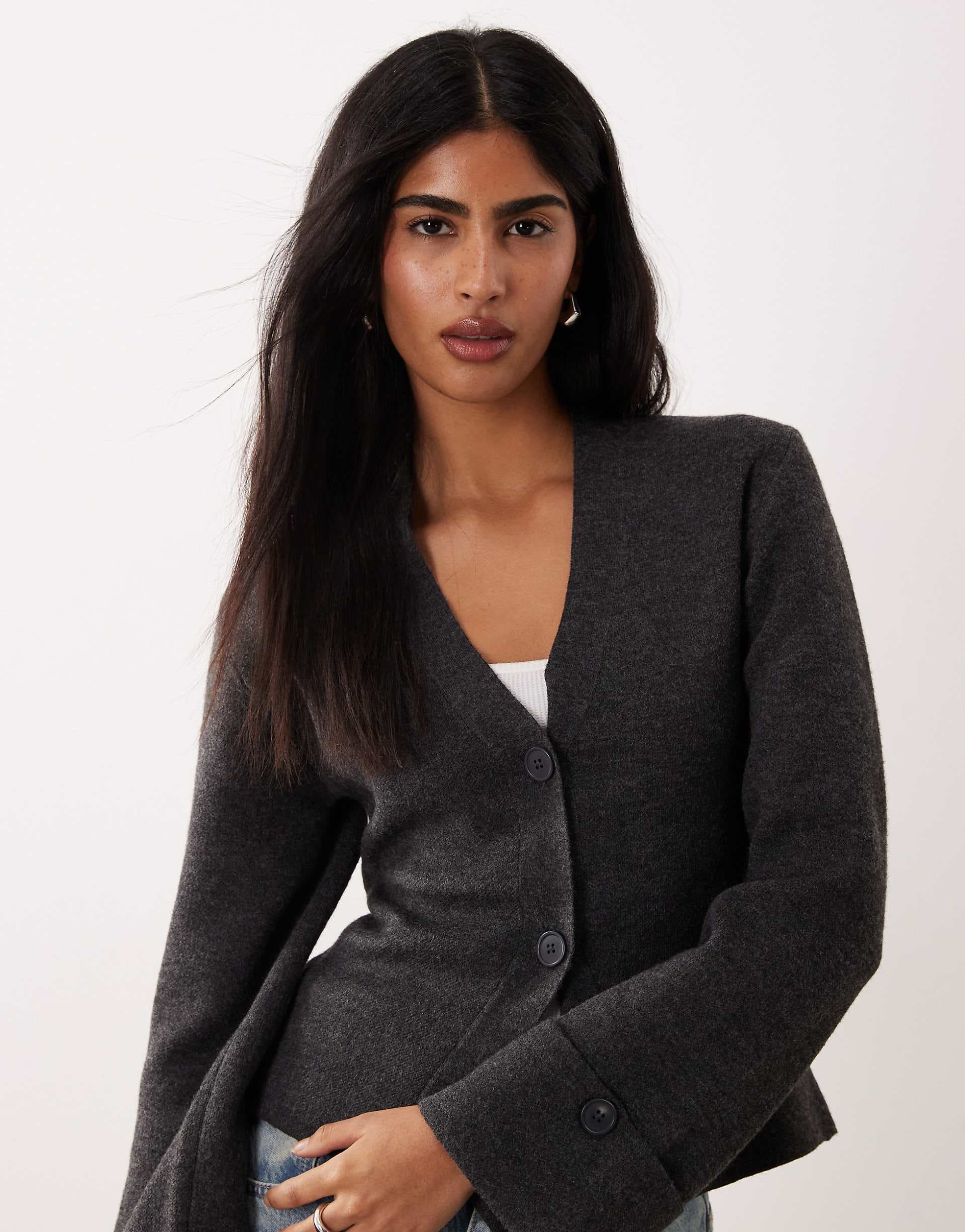 Gina Tricot long sleeve knit sculptured cardigan in dark heather gray