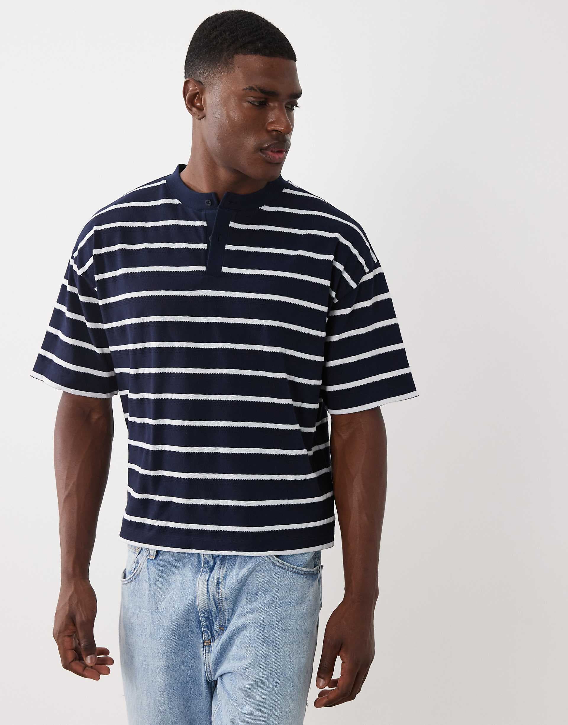 ASOS DESIGN boxy oversized Henley T-shirt in navy stripe