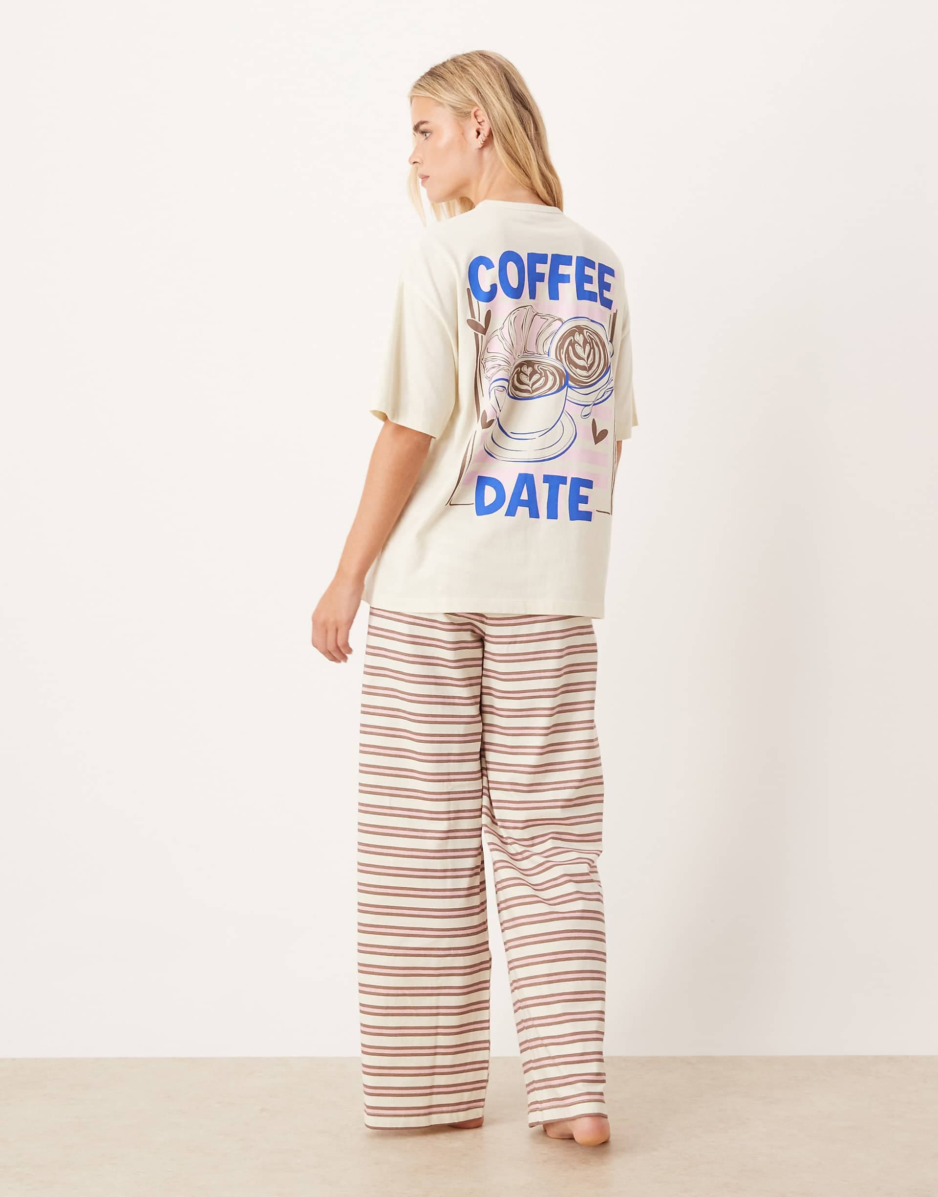 ASOS DESIGN Petite oversized tee & wide leg pants pajama set with girly coffee print in brown