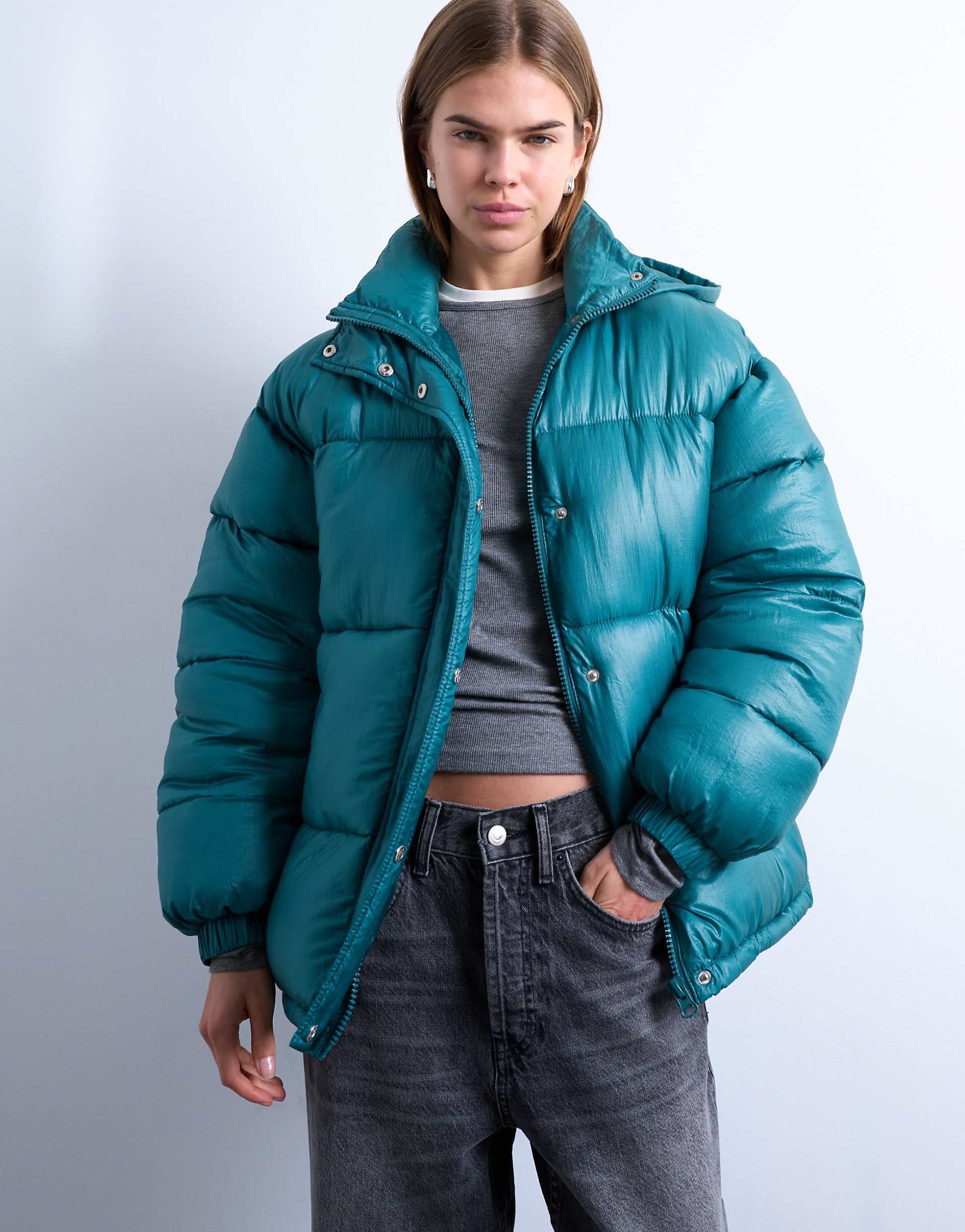 Topshop high shine ripstop puffer jacket in teal