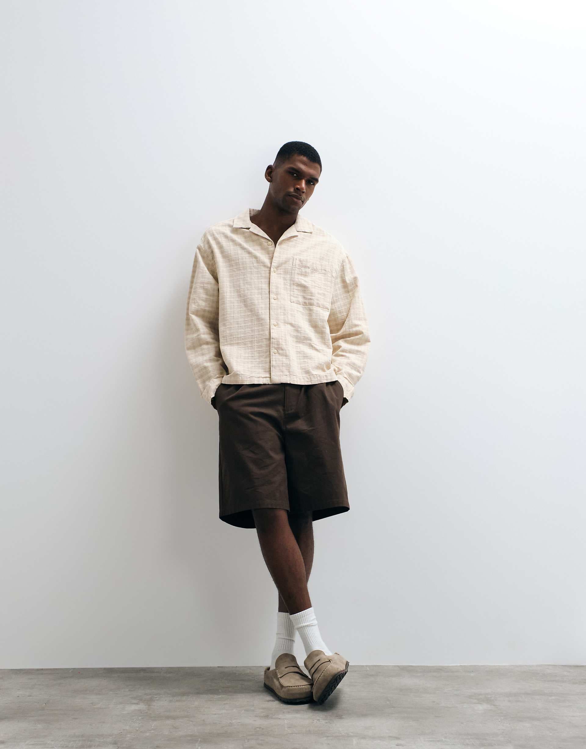 ASOS DESIGN boxy oversized plaid revere shirt in beige