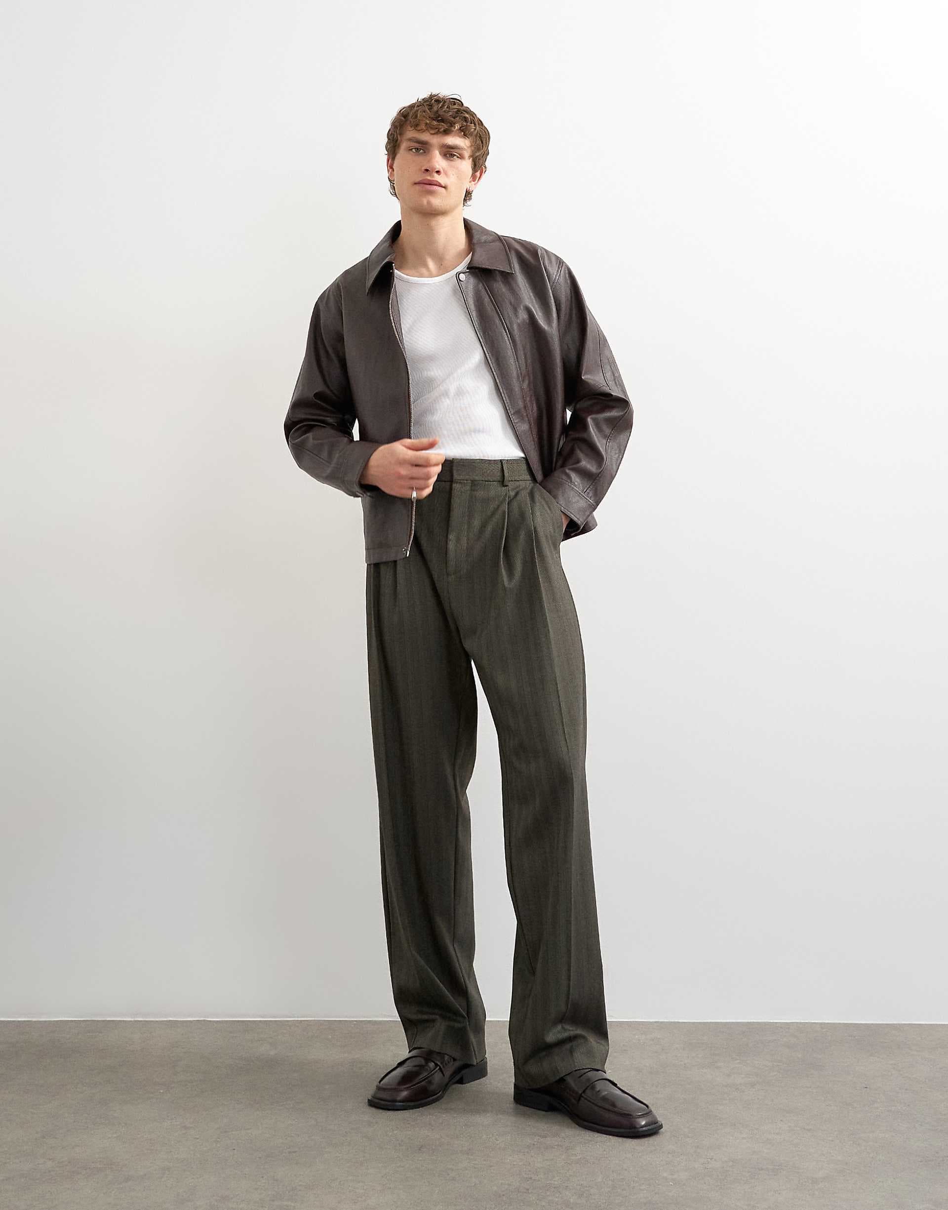 Topman wide leg herringbone striped pants in charcoal