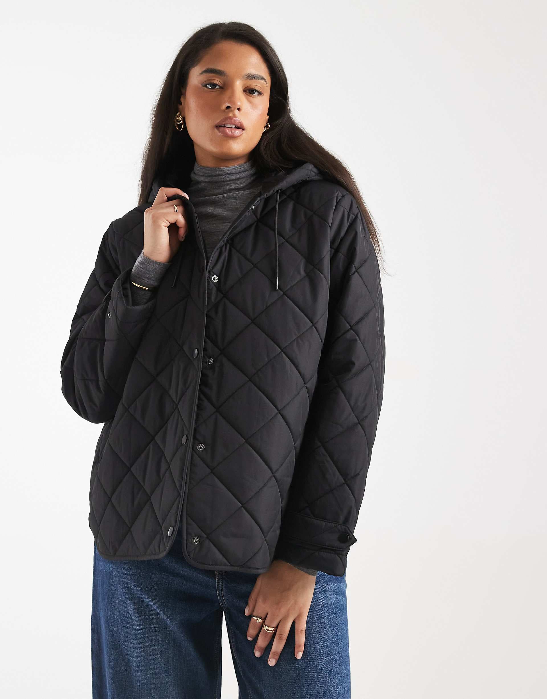 ONLY Curve quilted hooded jacket in black