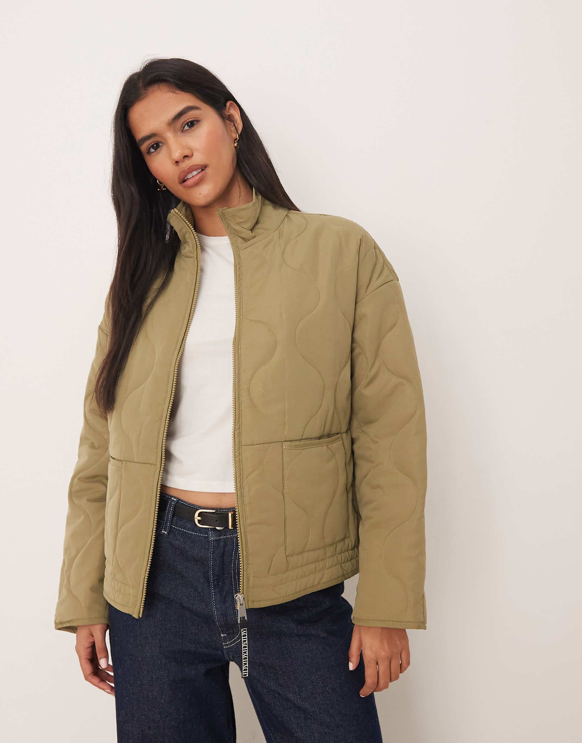 JDY onion quilted zip up jacket in sage green