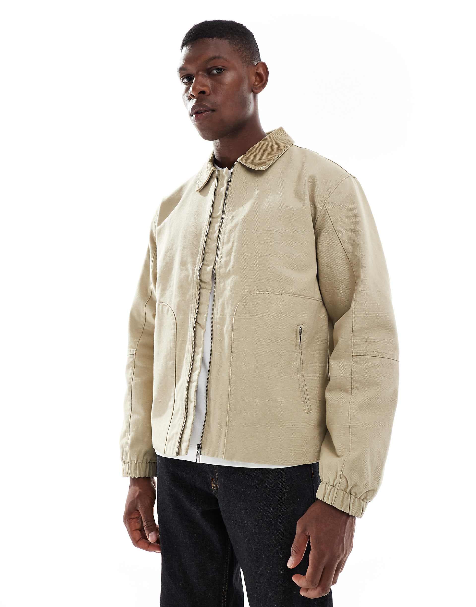 ONLY & SONS oversized heavyweight barn jacket with cord collar in beige