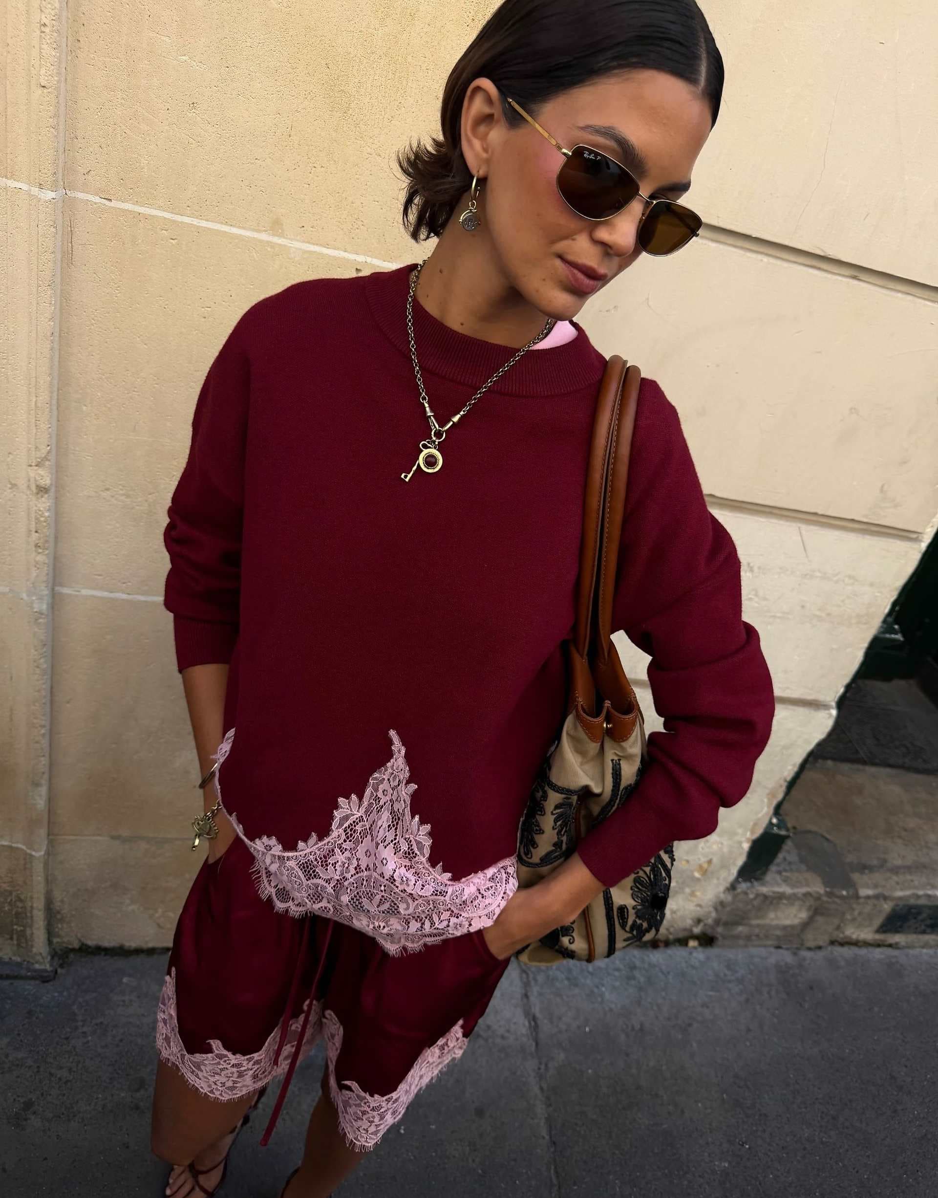 Never Fully Dressed long sleeve lace hem detail knit sweater in burgundy