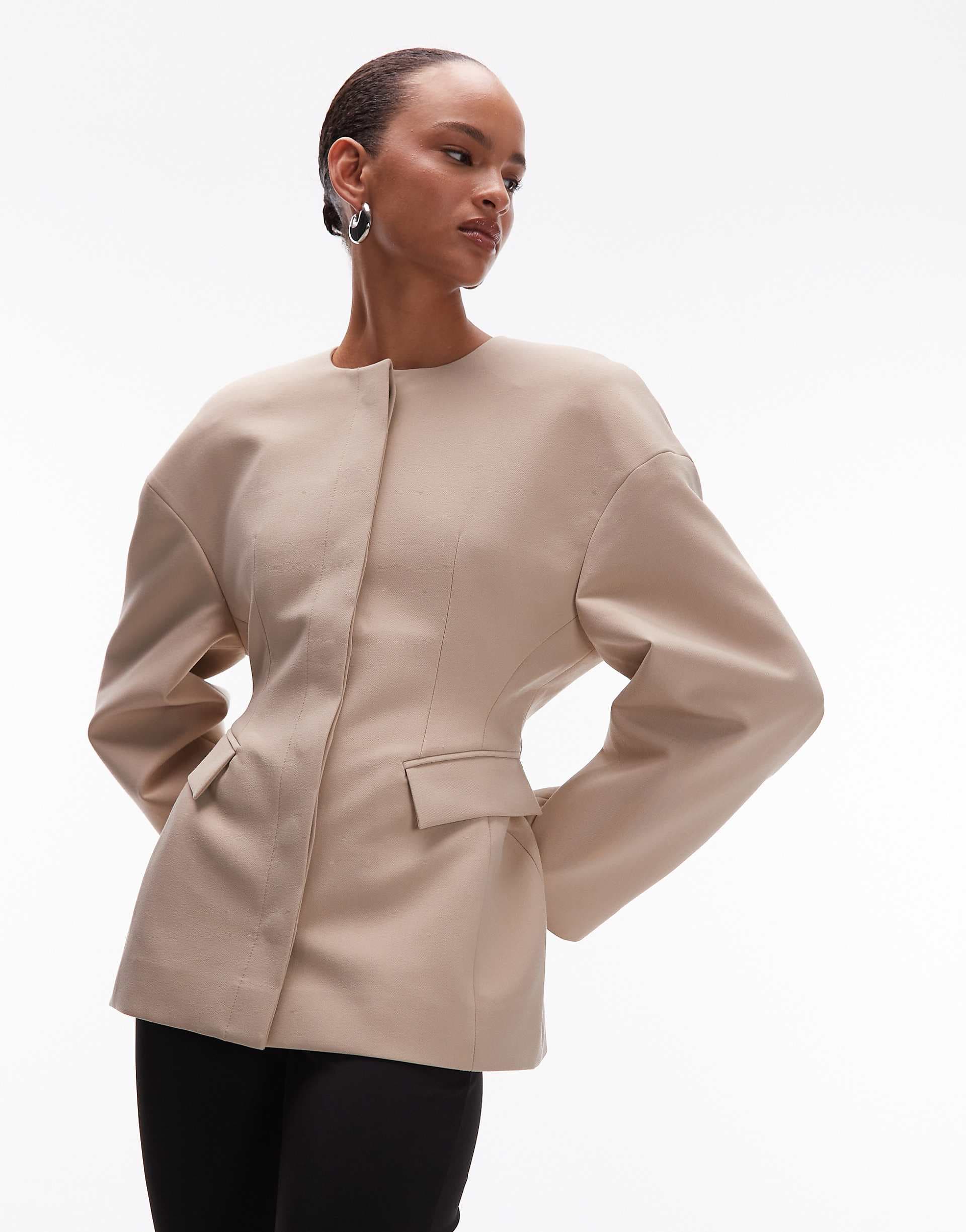 ASOS DESIGN sculpted collarless blazer in camel
