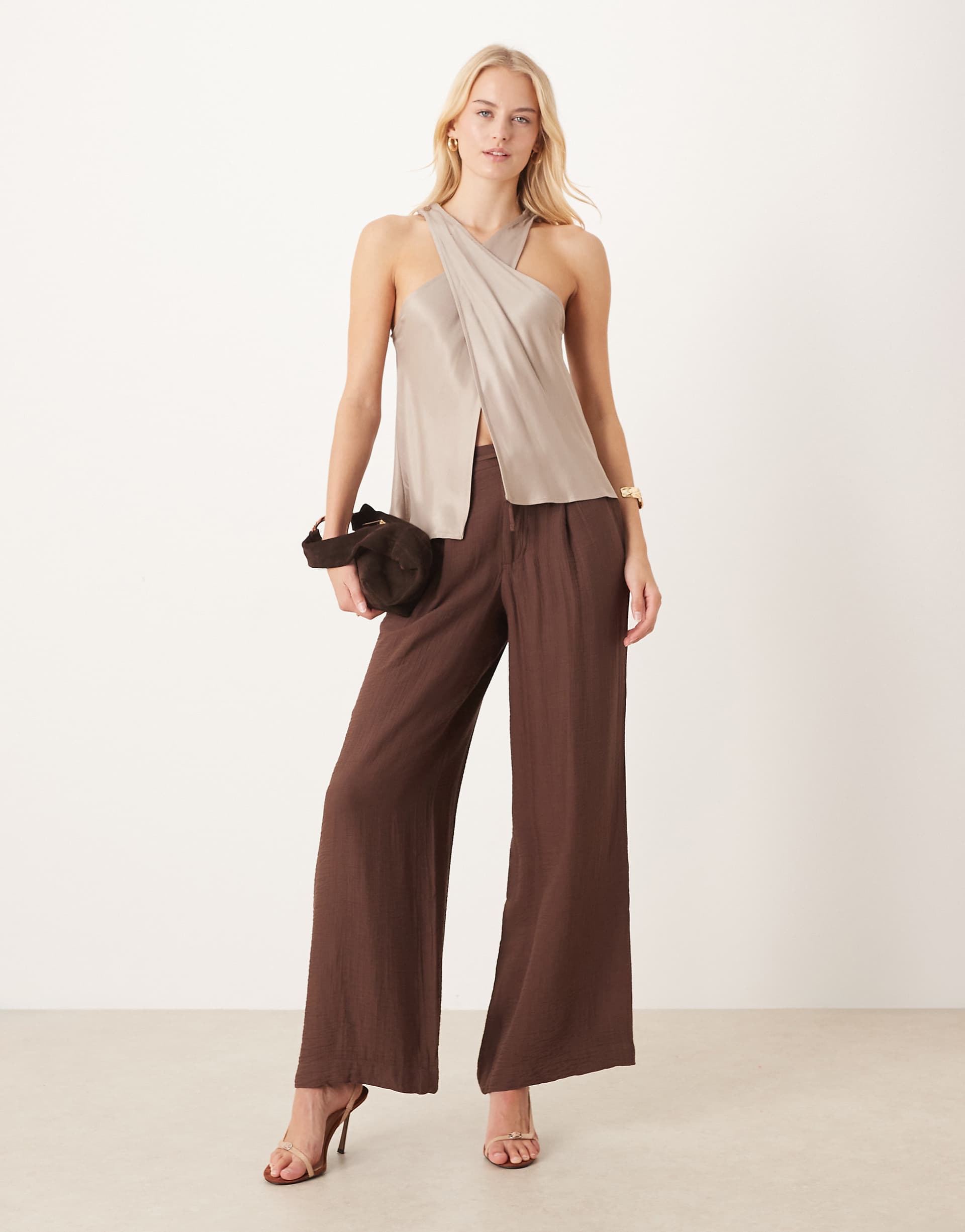 ASOS DESIGN Tall soft texture wide leg pants with contrast stitch in chocolate