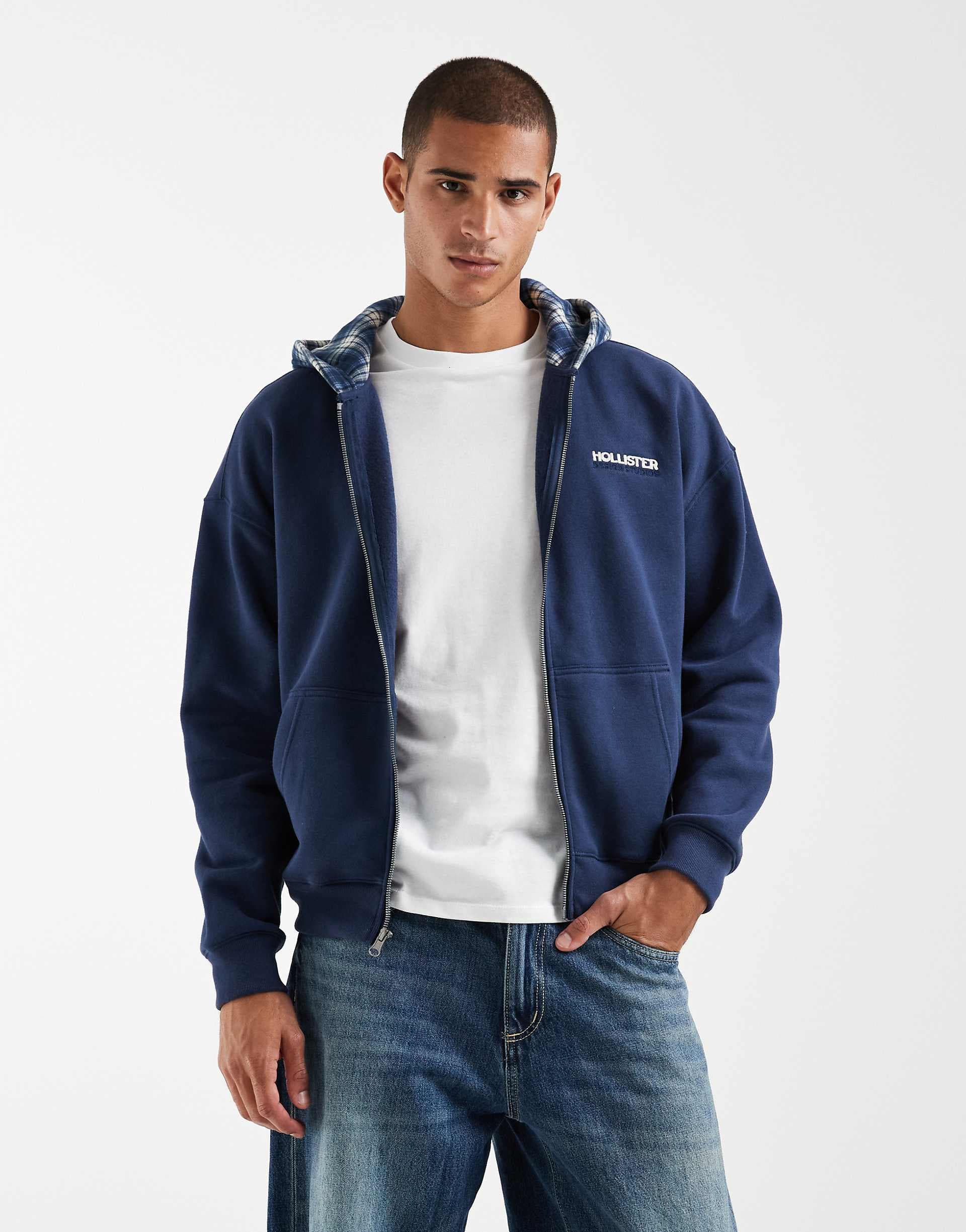 Hollister zip-up hoodie with contrast hood in navy