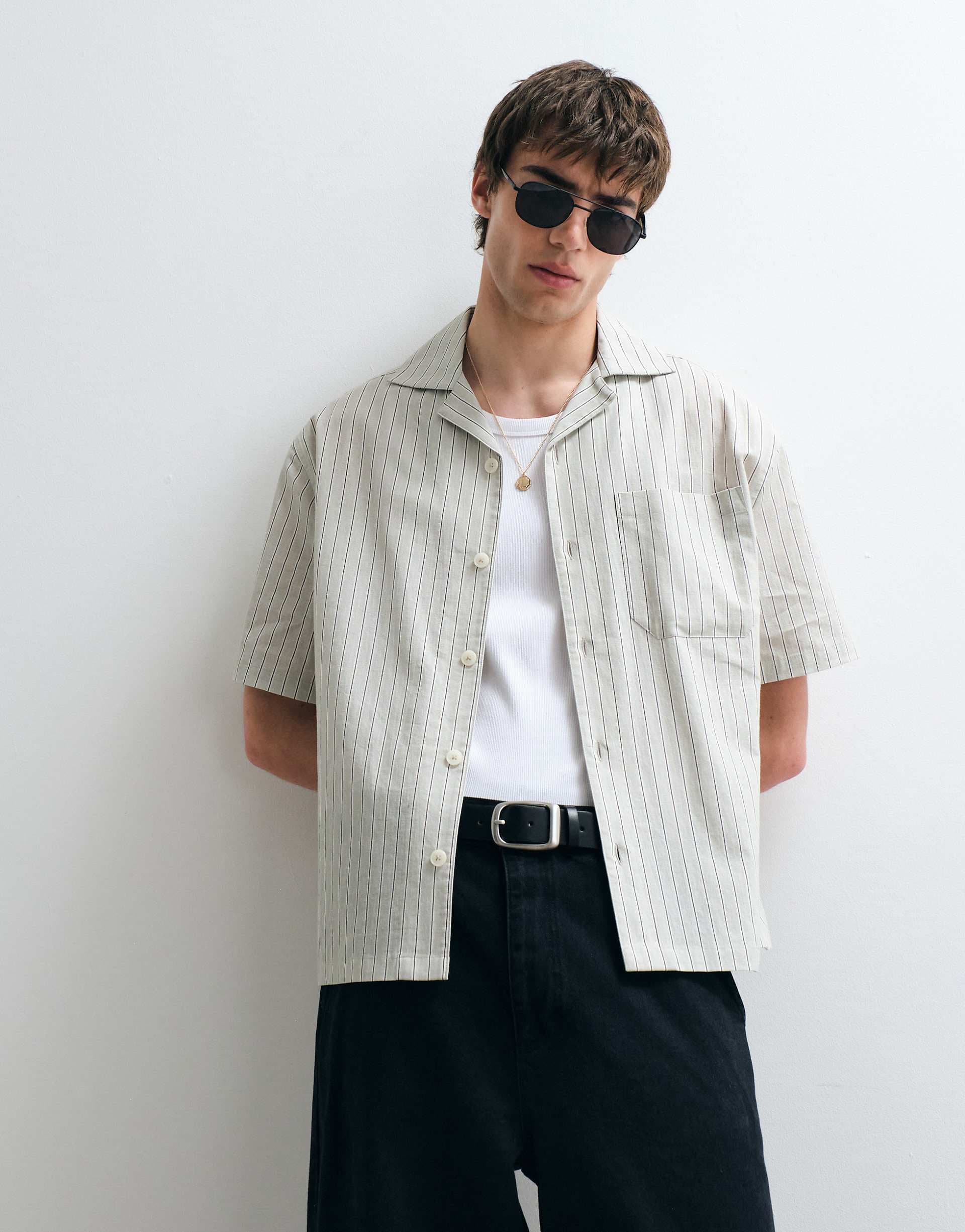 ASOS COLLECTIVE relaxed cotton striped shirt with linen in pale green