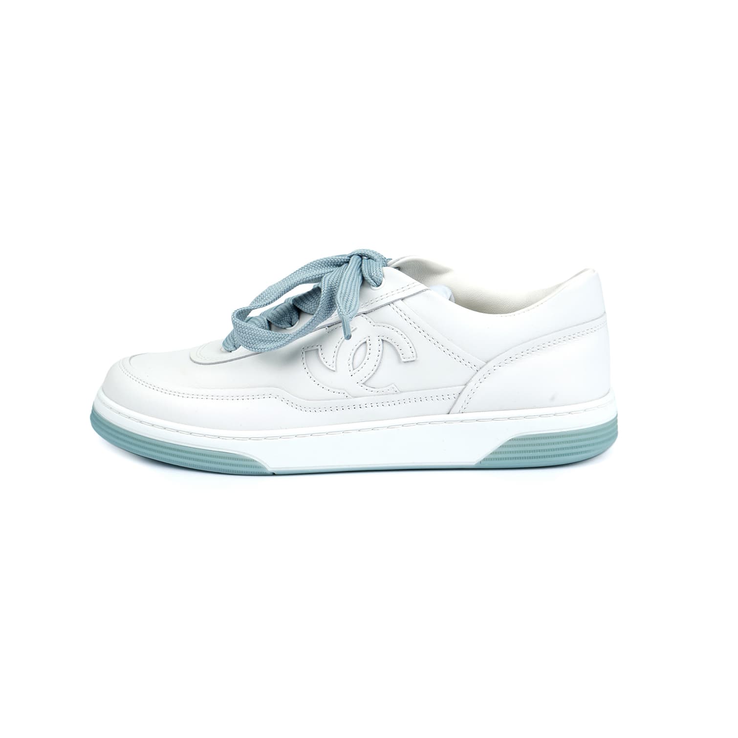 CHANEL Leather Round Toe Lace-Up Flat Low-Top Sneakers Women's White Blue