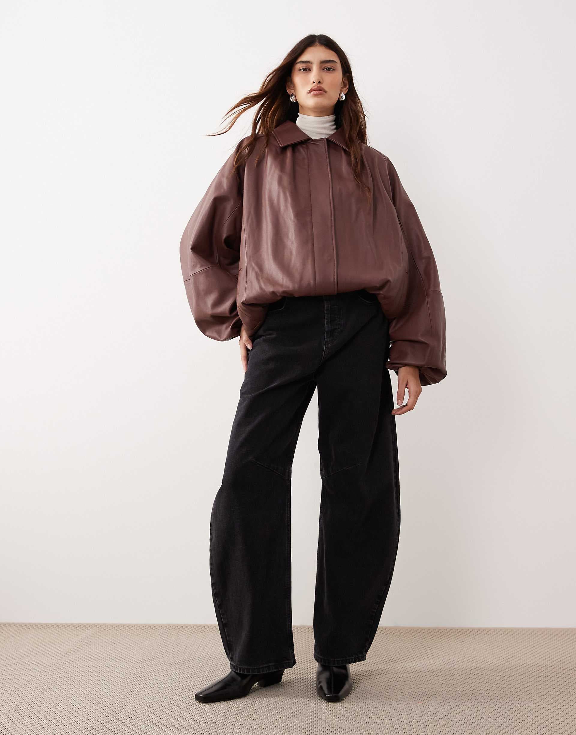 ARRANGE oversized leather bomber coat with balloon sleeve in brown
