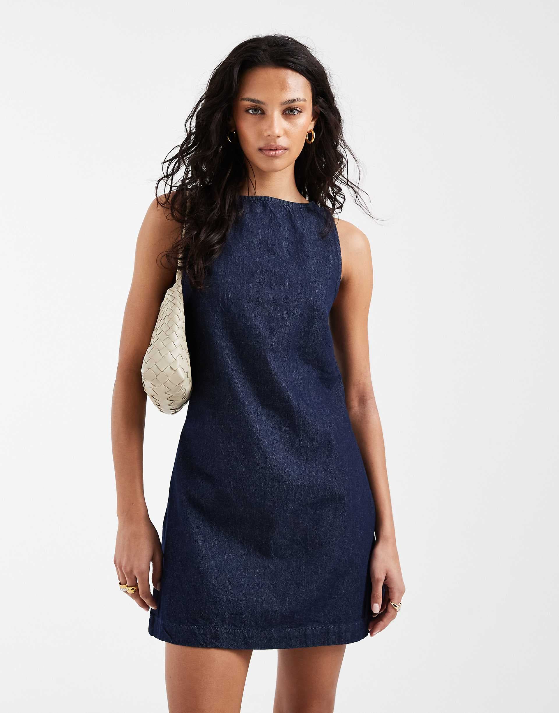 ASOS DESIGN denim fit and flare shift dress in rinse