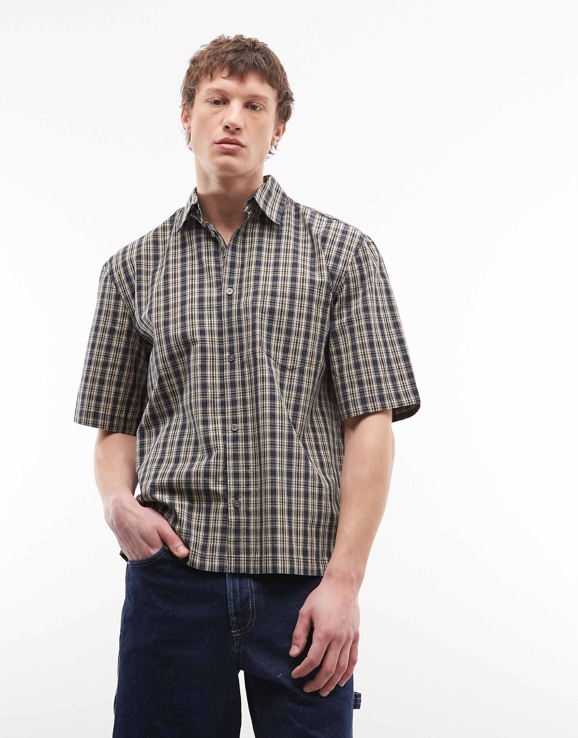 Weekday boxy oversized short sleeve shirt in navy and yellow plaid