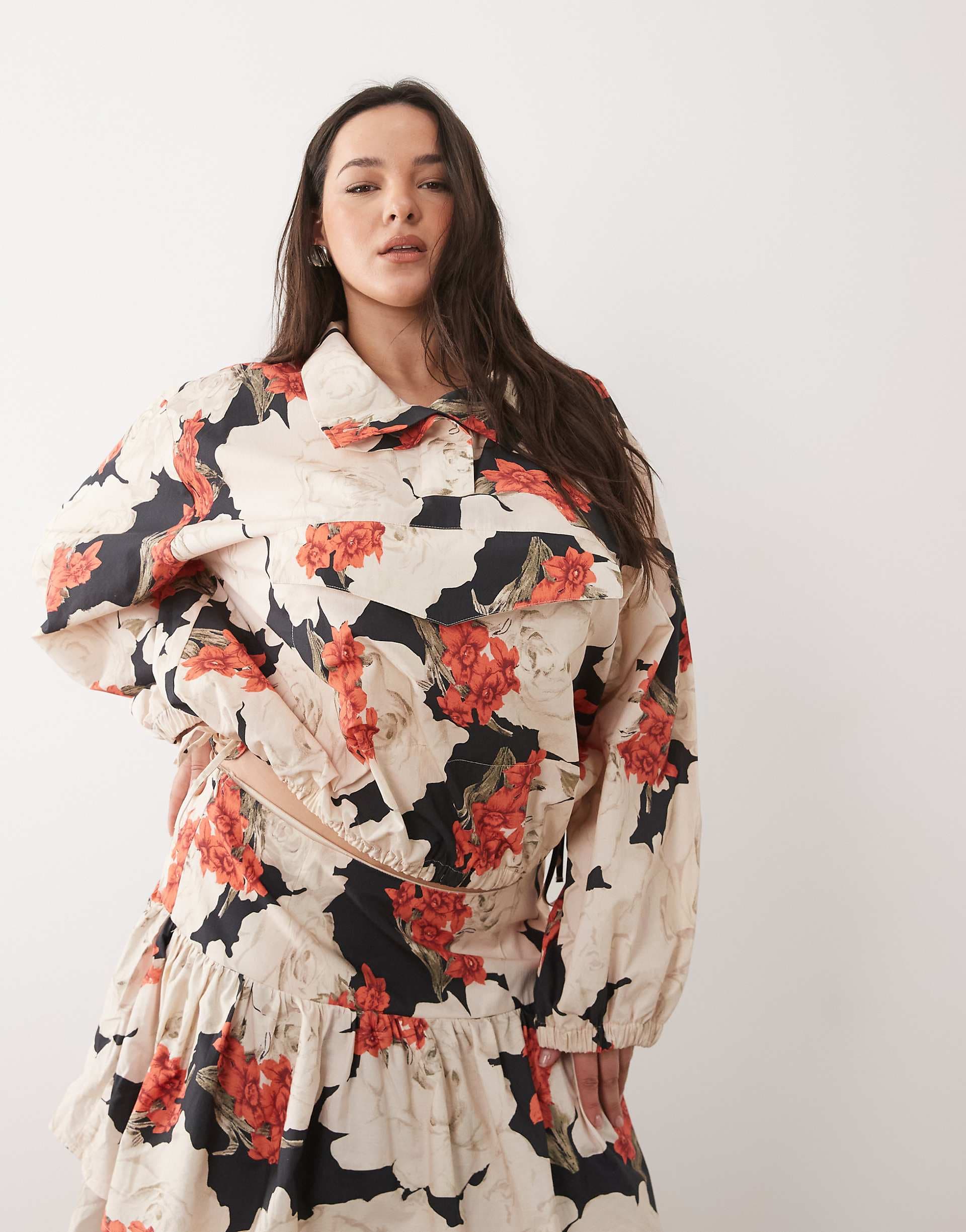 ASOS DESIGN Curve patch pocket funnel neck jacket in red floral - part of a set