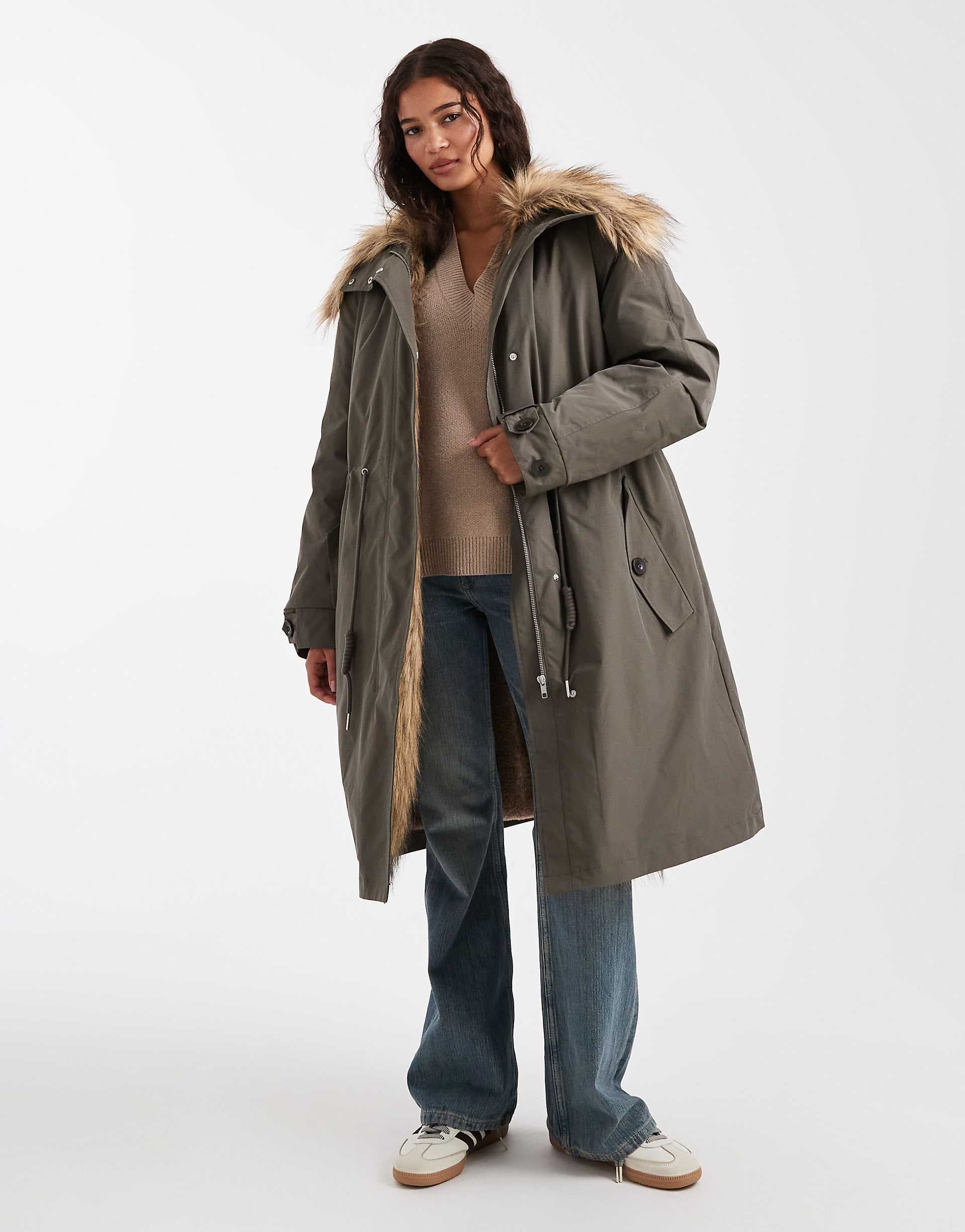 ASOS DESIGN oversized parka with faux fur trim in khaki green
