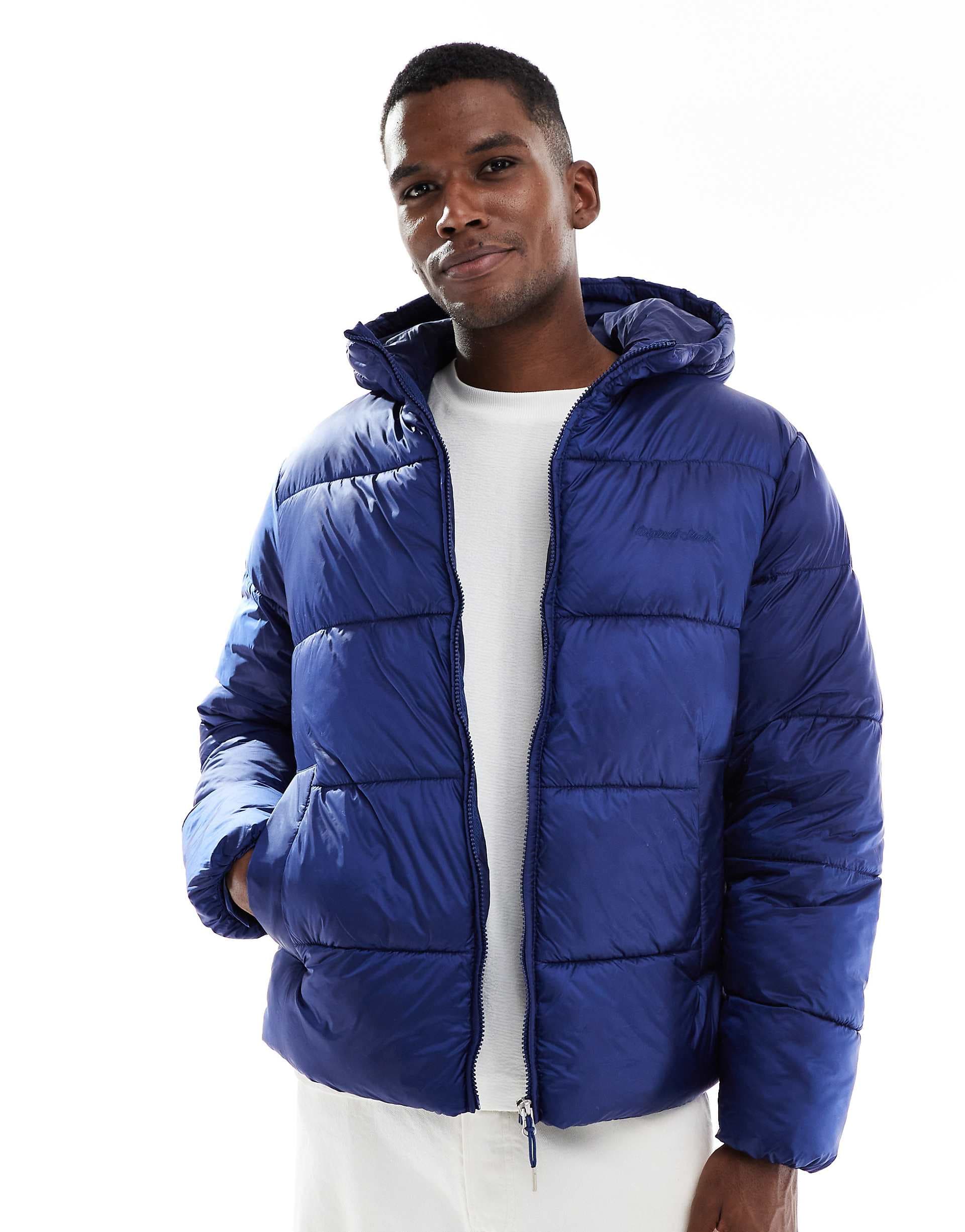 Jack & Jones hooded puffer jacket with sheen in blue