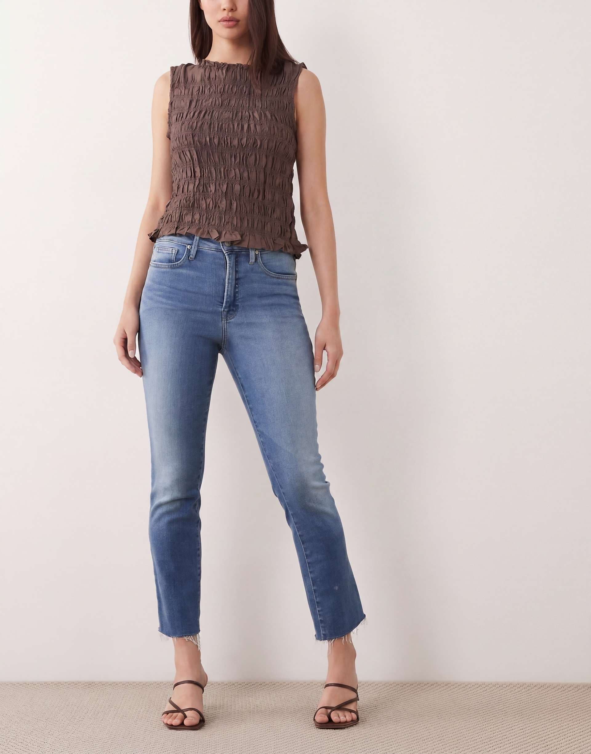 Good American Soft Tech Good Legs frayed hem cropped straight jeans in mid blue wash