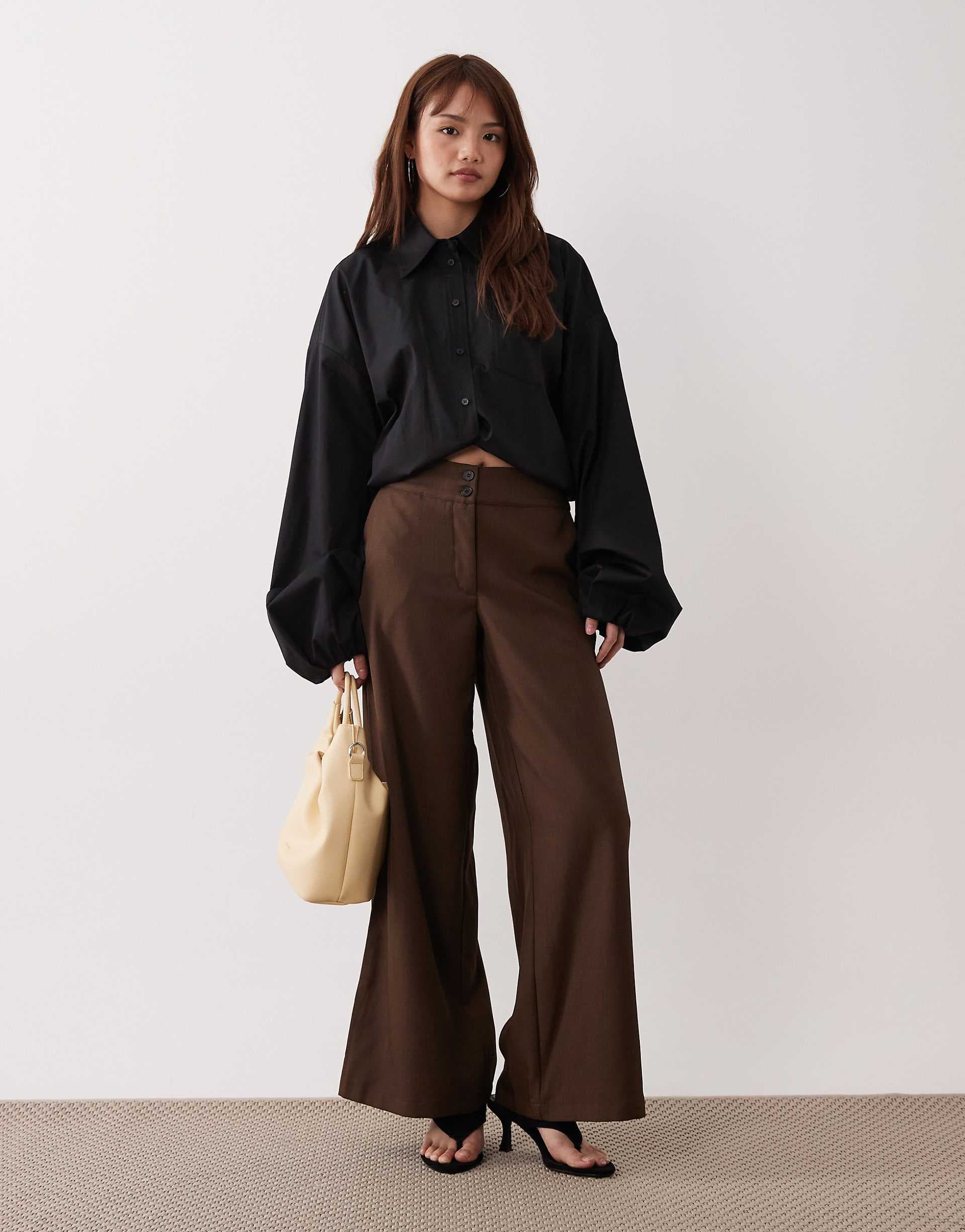 JDY Petite high waist wide leg pants in chocolate