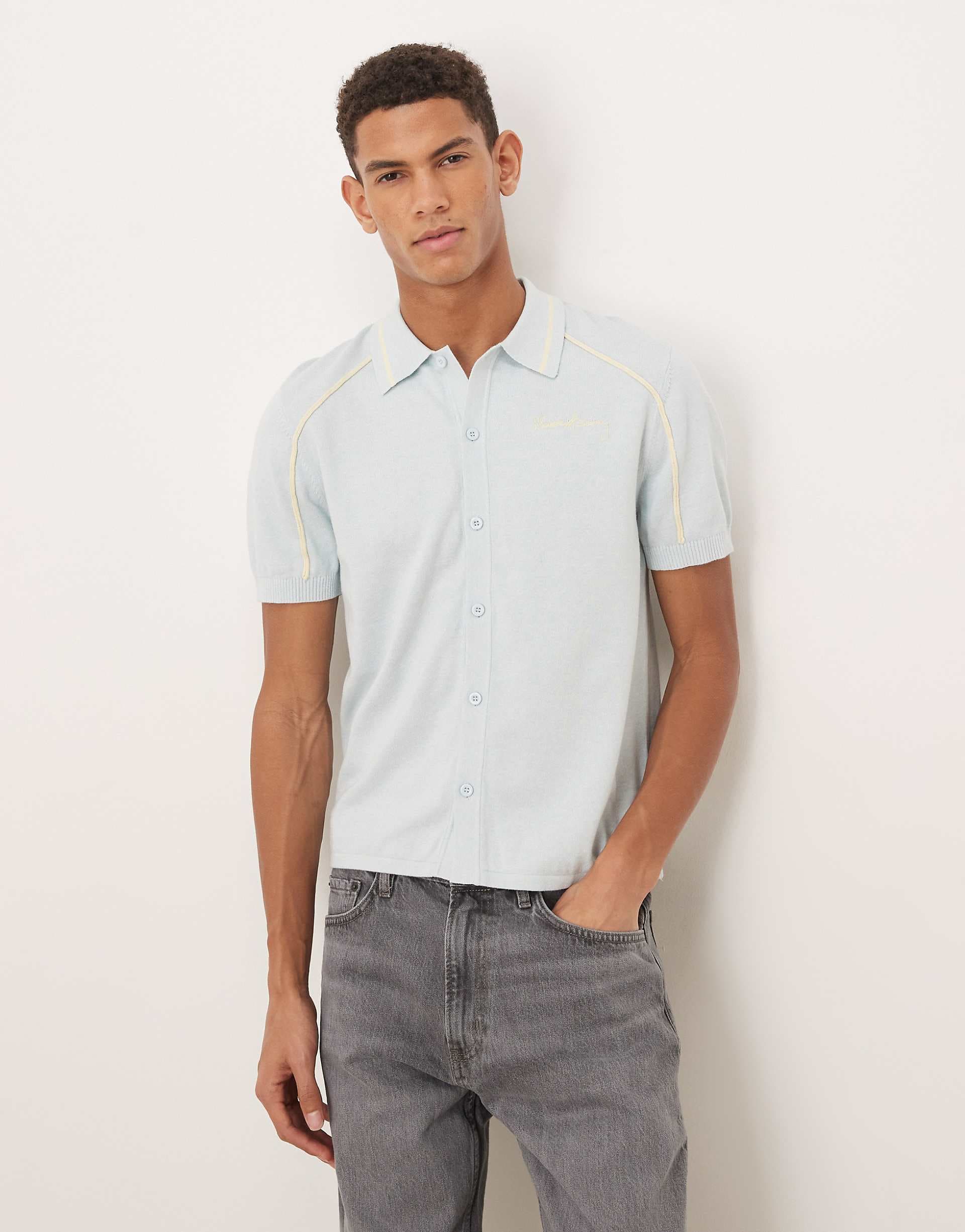 House of Sunny button down knit polo in sky blue
