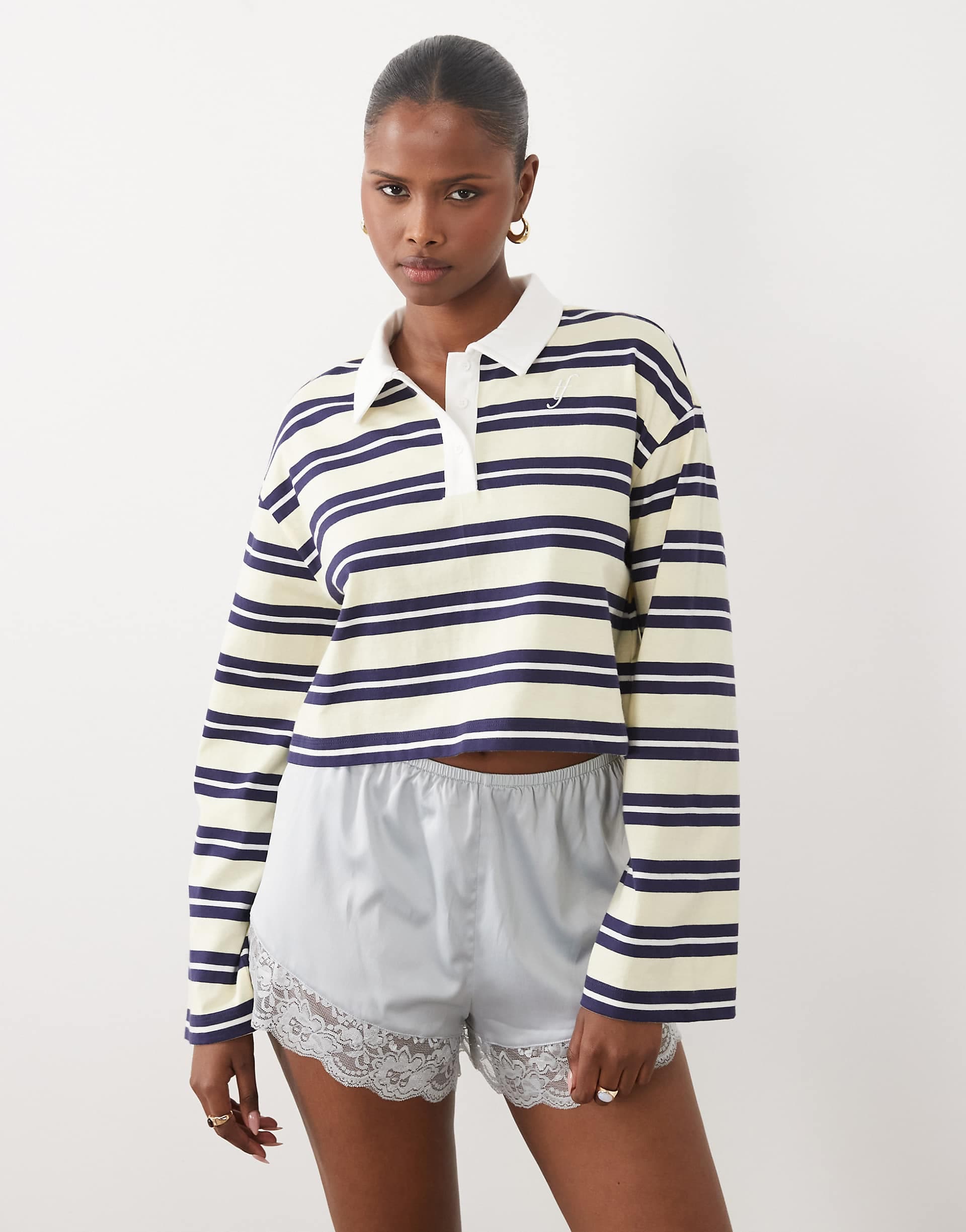 The Frolic exclusive collared long sleeve top in yellow striped print