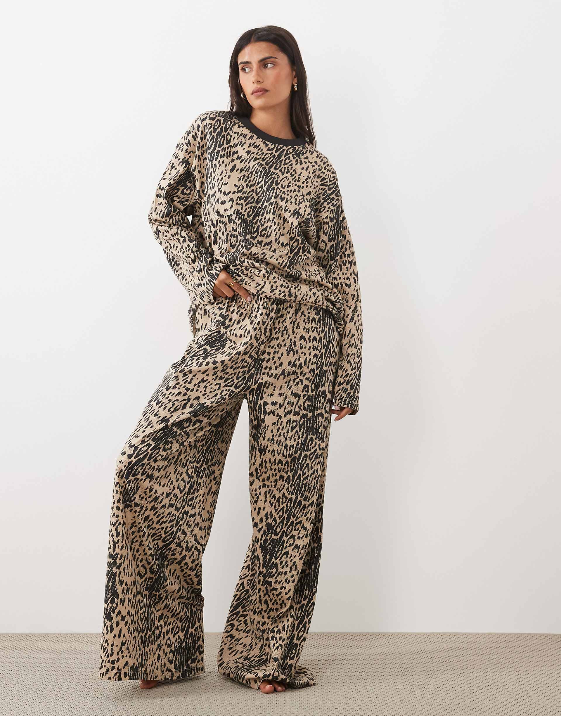 ASOS DESIGN long sleeve top and wide leg pants pajama set in animal print