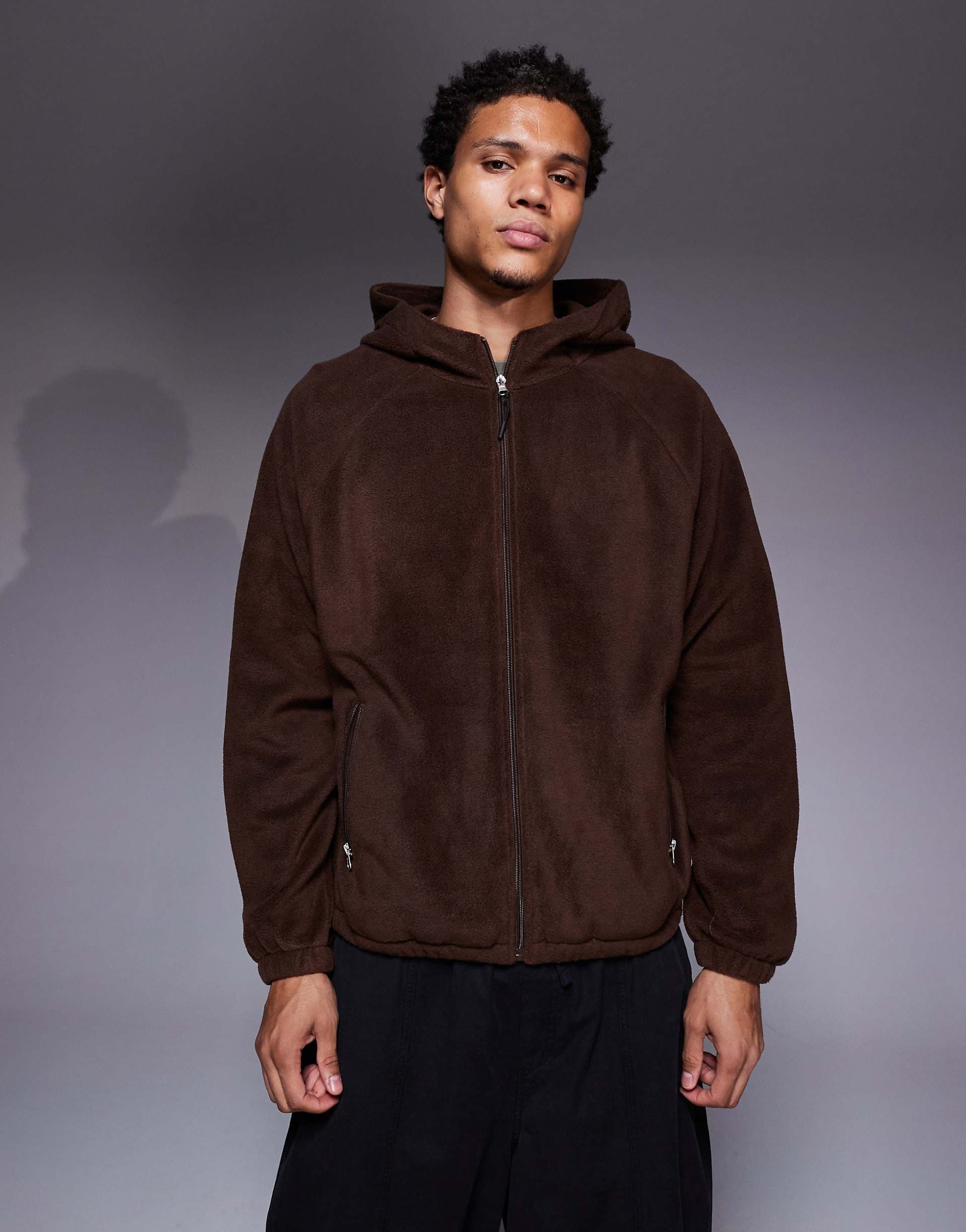 ASOS DESIGN relaxed zip through funnel neck fleece hoodie in brown