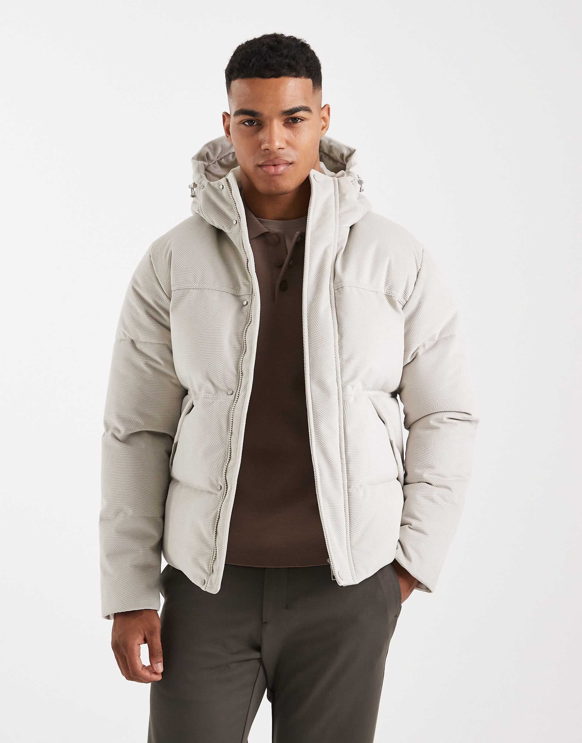 ONLY & SONS hooded puffer jacket in cream multi corduroy