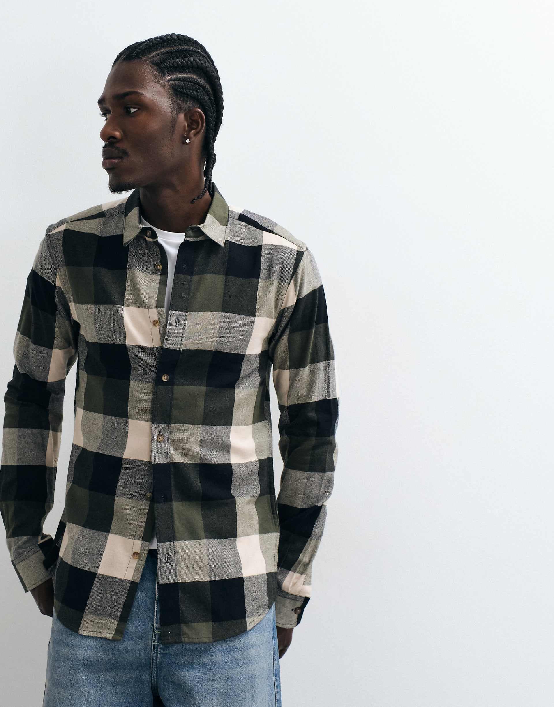 ONLY & SONS buffalo plaid shirt in dark green & cream