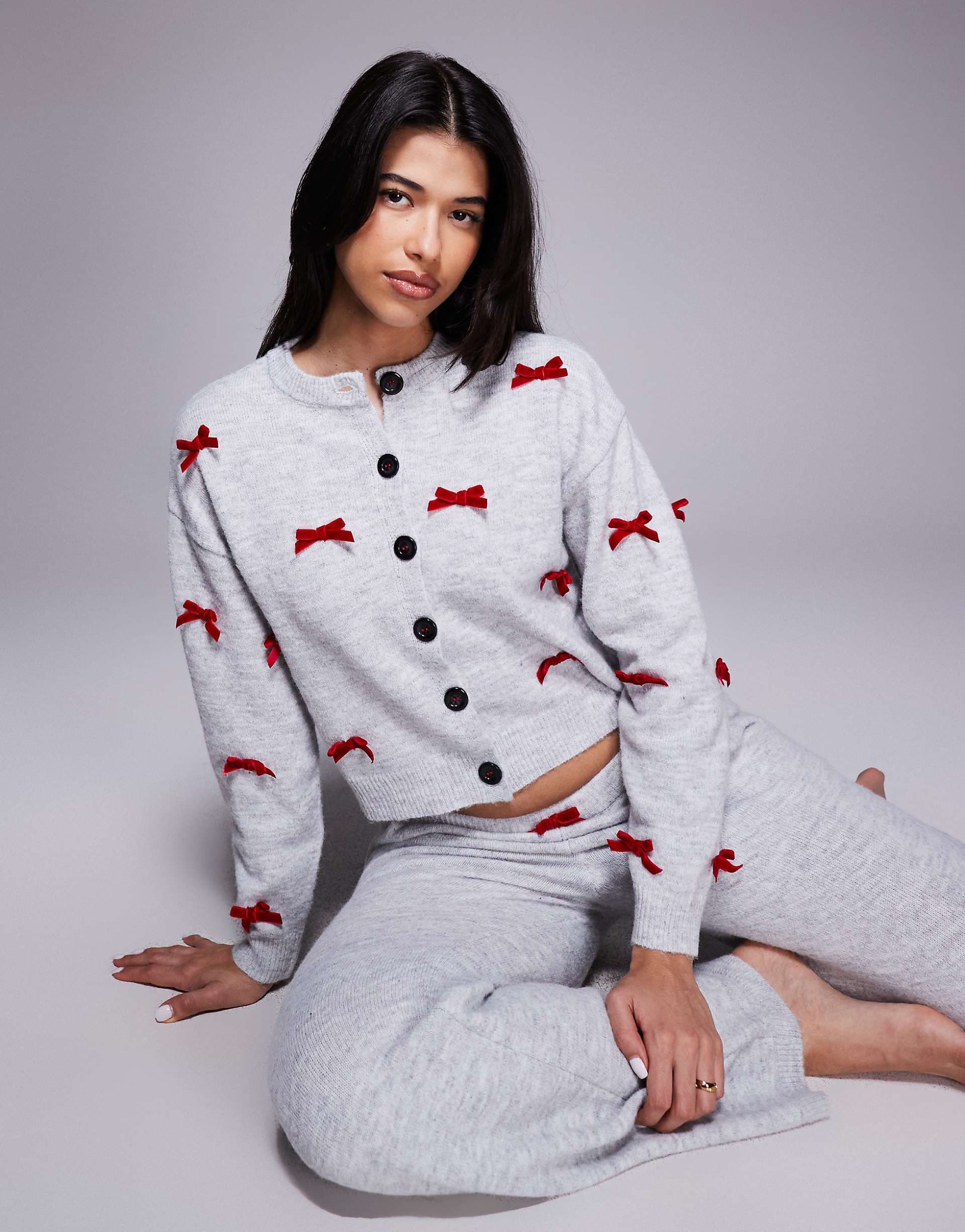 River Island knit bow detail cardigan and pants set in gray