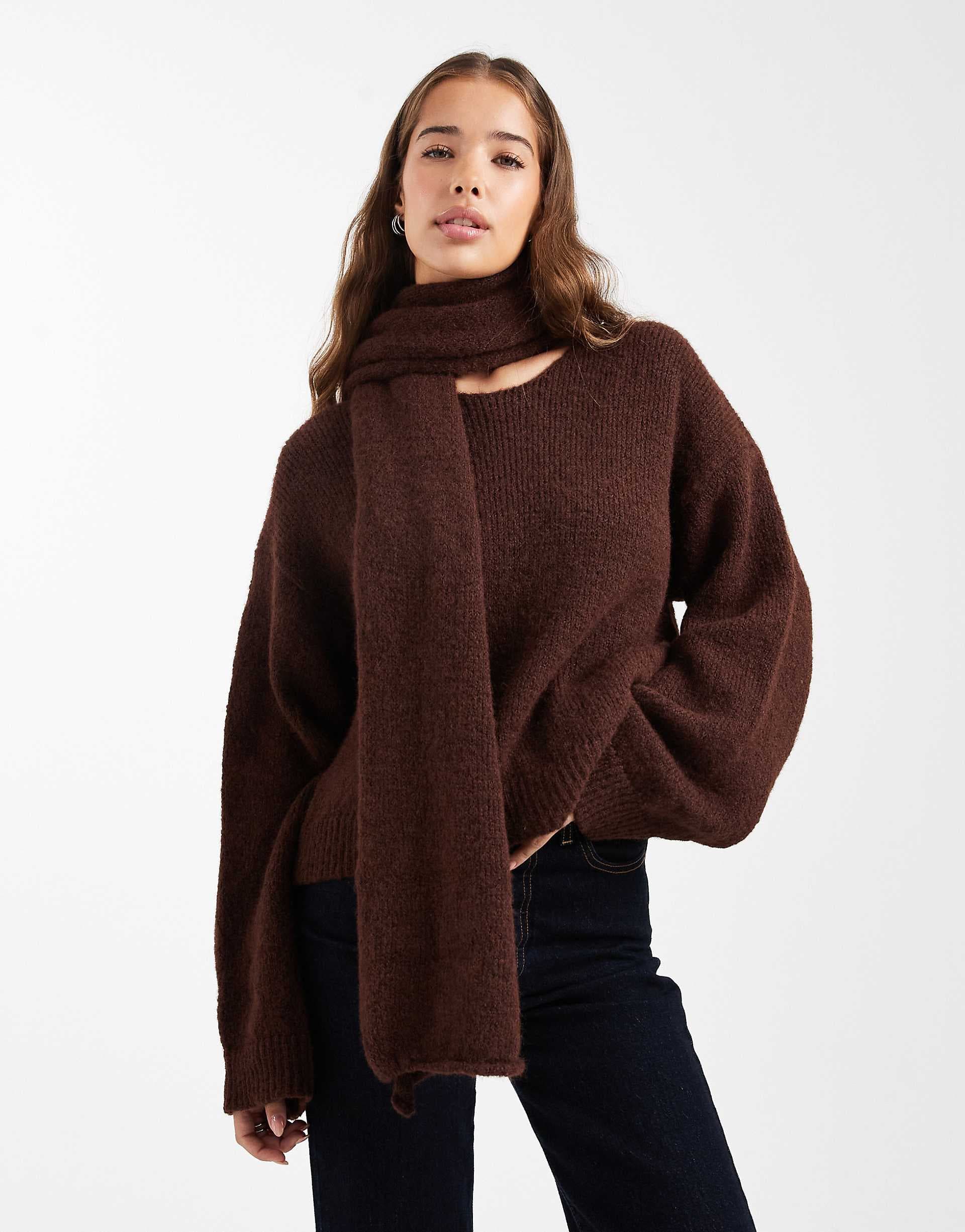 ASOS DESIGN knit sweater with attached scarf with wool in brown