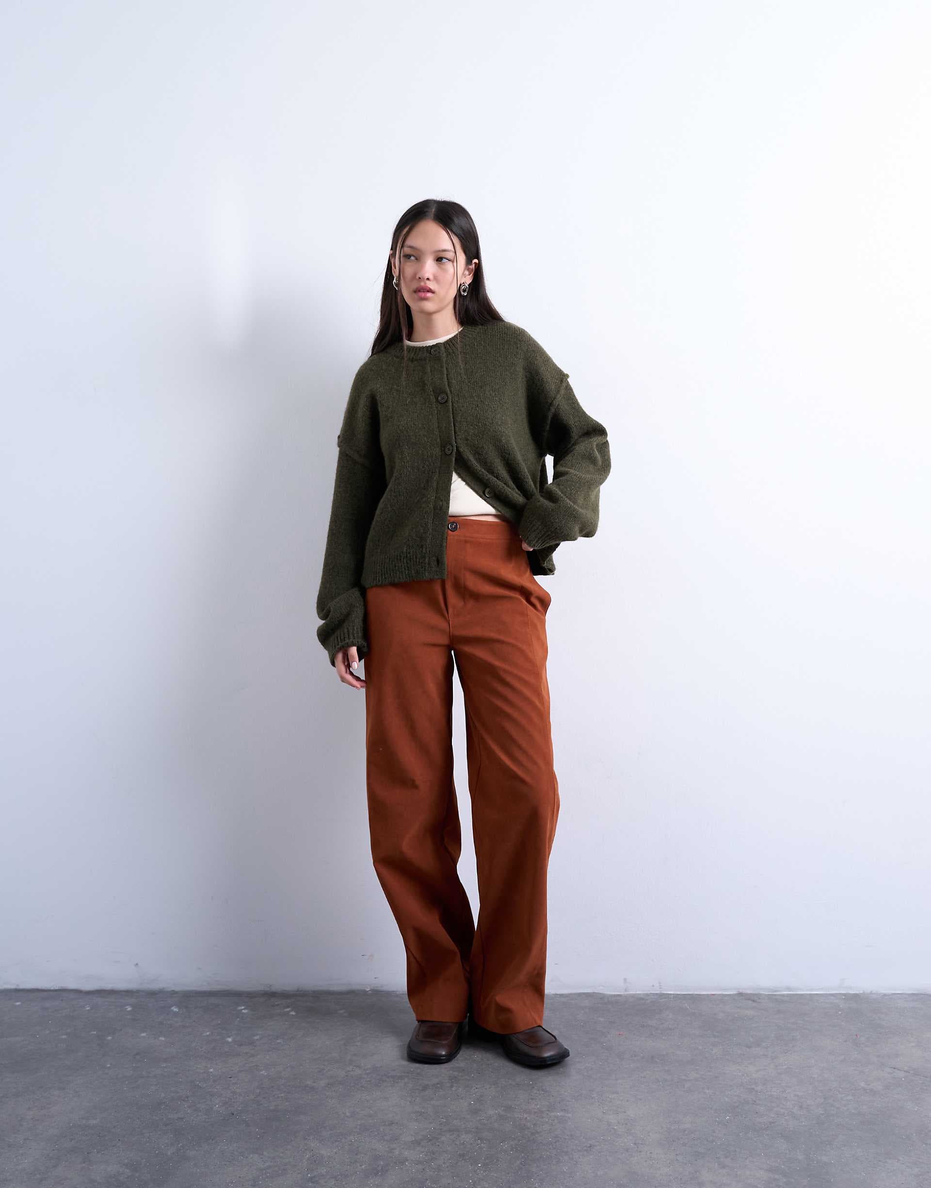Topshop faux suede wide leg pants with seam detail in rust