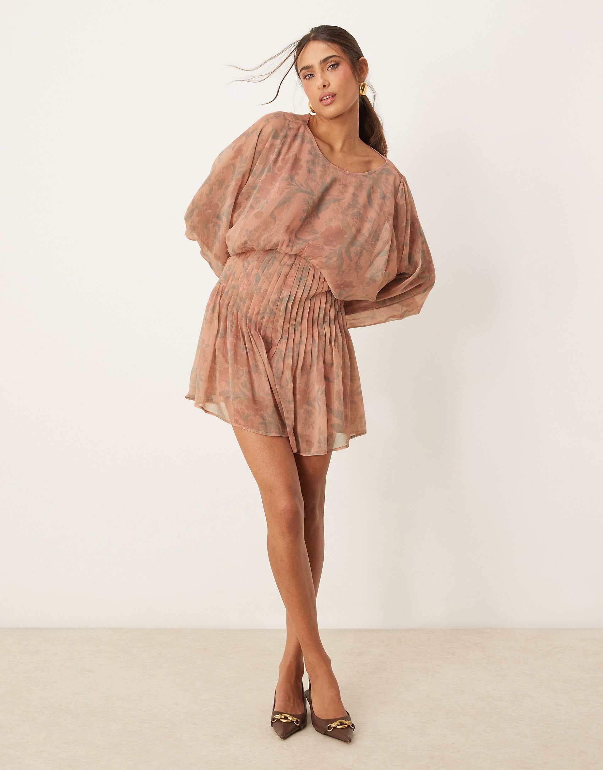 ASOS DESIGN cowl back pleated bodice romper in floral print