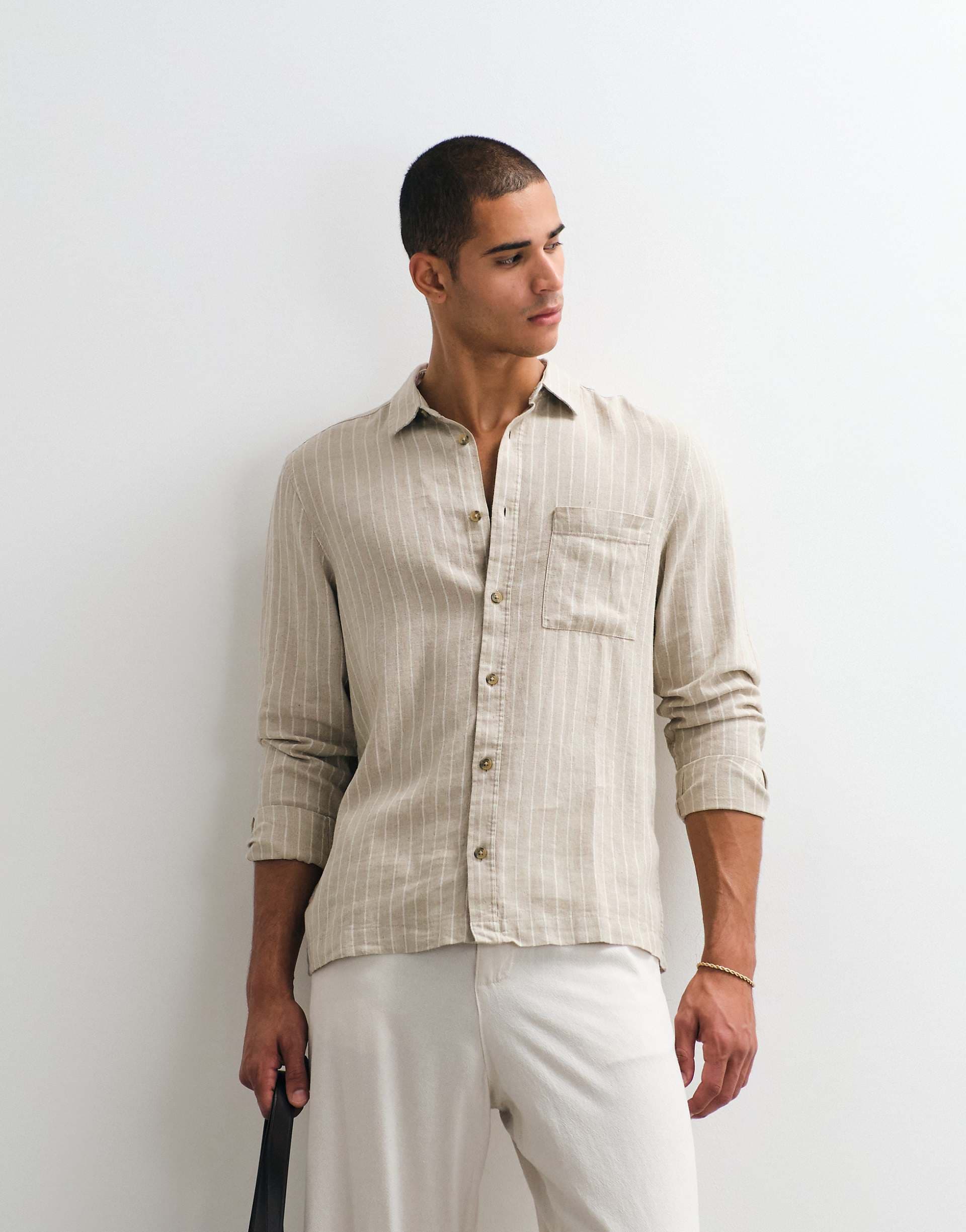 ASOS DESIGN regular fit linen blend striped shirt in beige - part of a set
