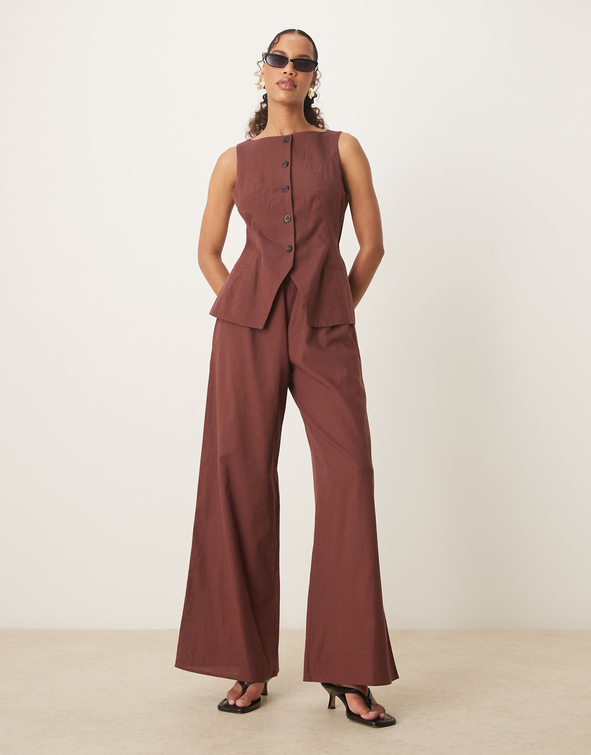 ASOS DESIGN button down vest jumpsuit in chocolate