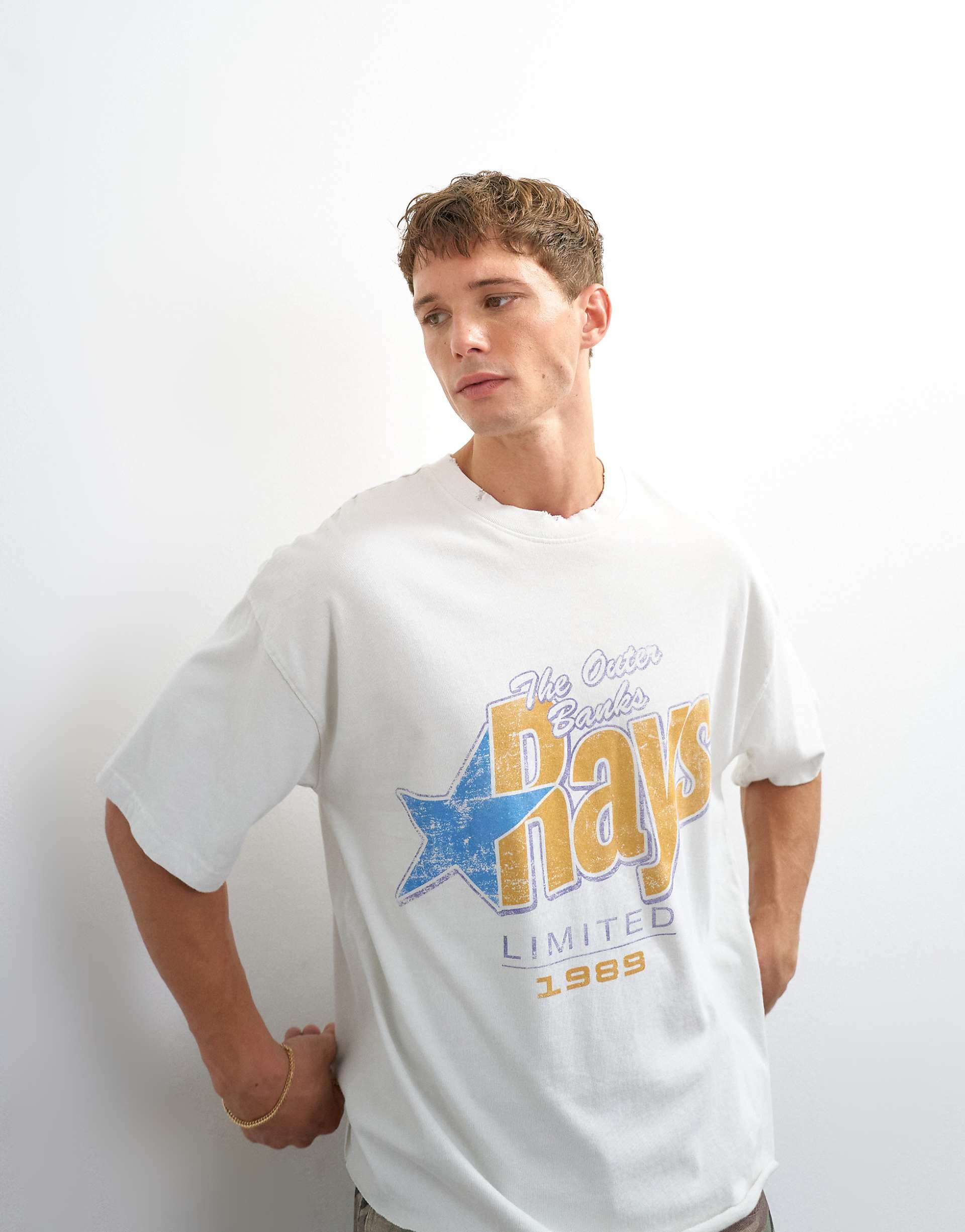 Topman relaxed fit crop vintage Rays print T-shirt with distressing in ivory