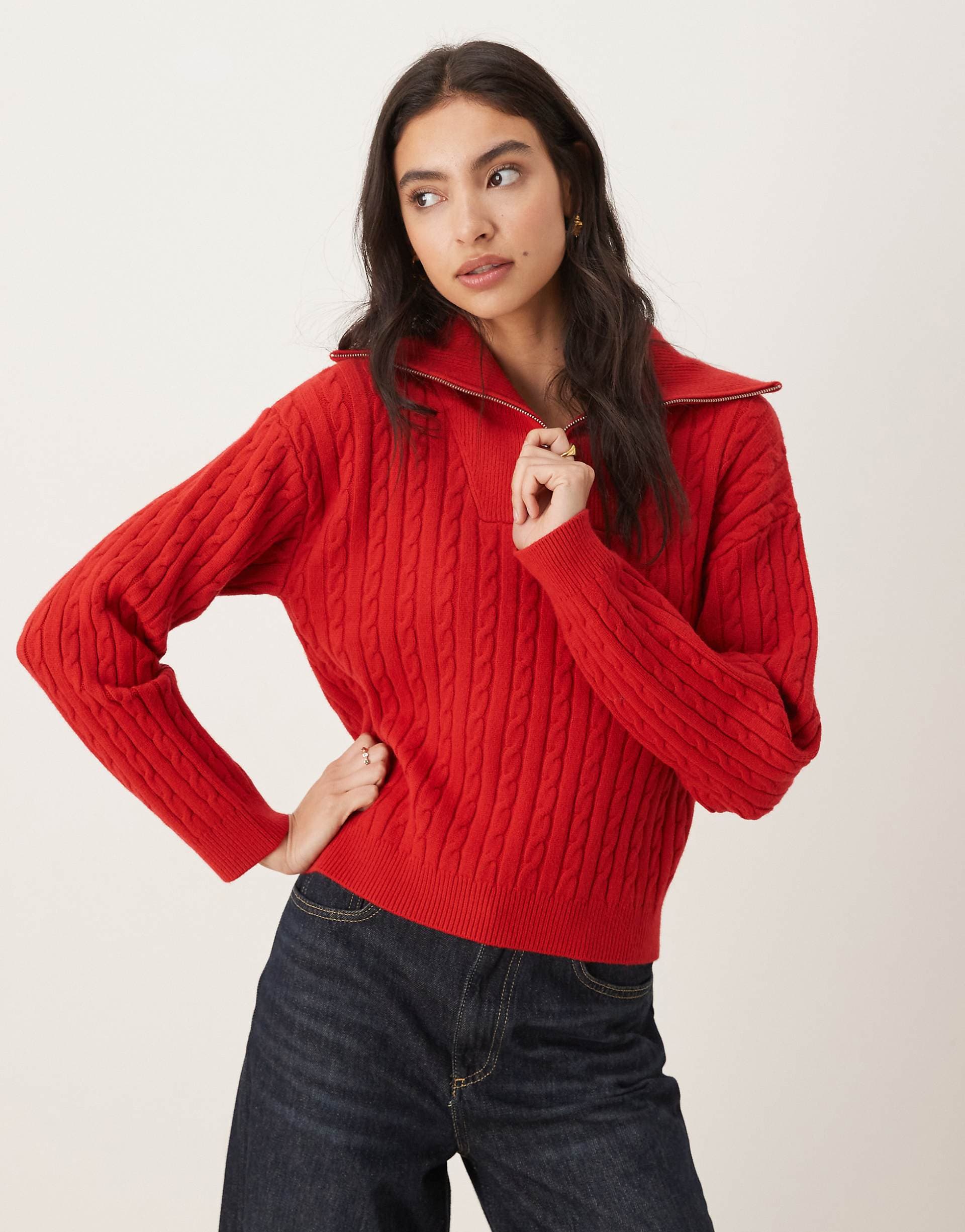 Mango cable knit quarter zip sweater in red